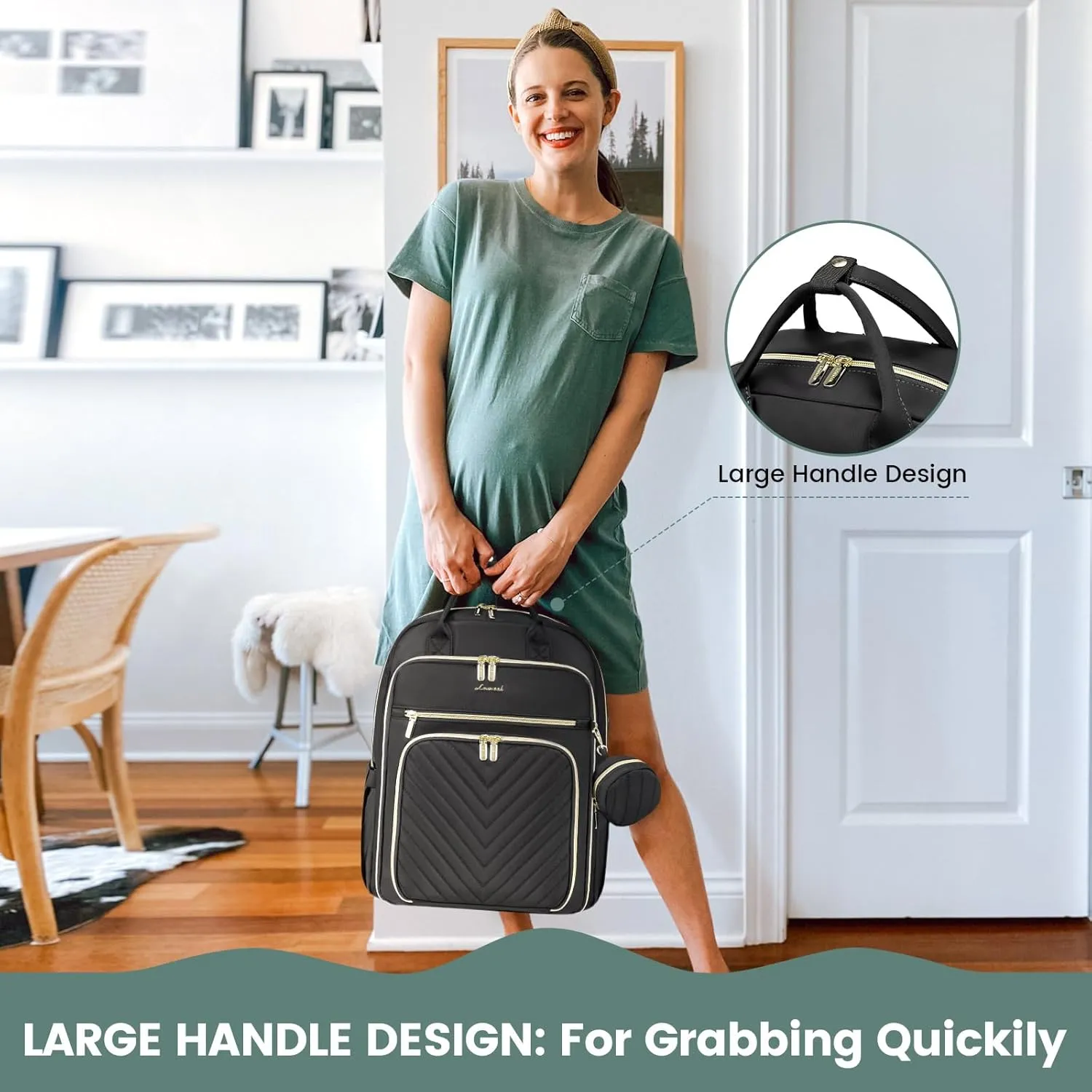 LOVEVOOK Diaper Bag Backpack, Quilted Baby Bag with Changing Pad & Pacifier Holder, Waterproof Travel Diaper Bags with USB Charging Port, Functional Durable Large Capacity, Black