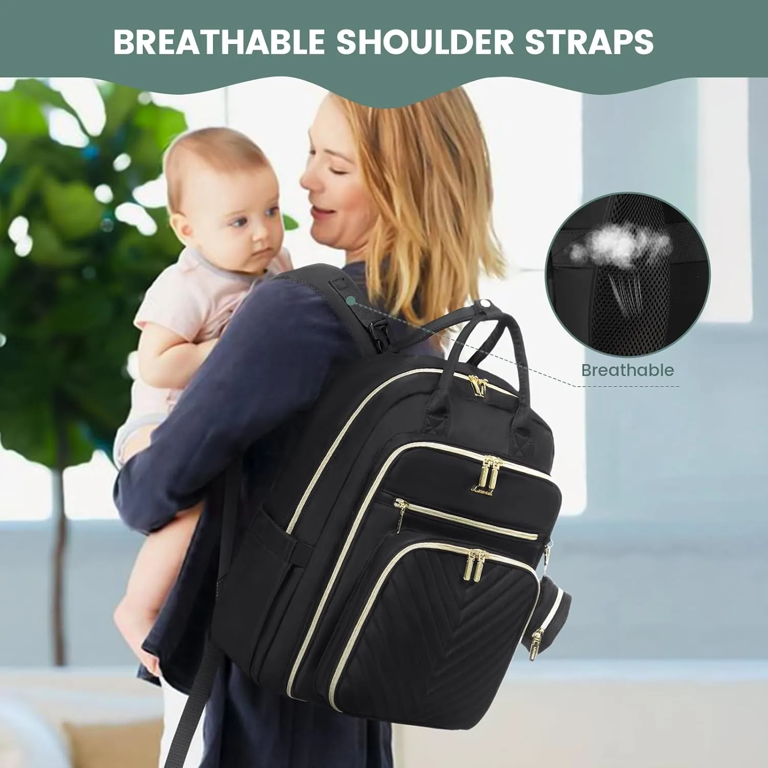 LOVEVOOK Diaper Bag Backpack, Quilted Baby Bag with Changing Pad & Pacifier Holder, Waterproof Travel Diaper Bags with USB Charging Port, Functional Durable Large Capacity, Black