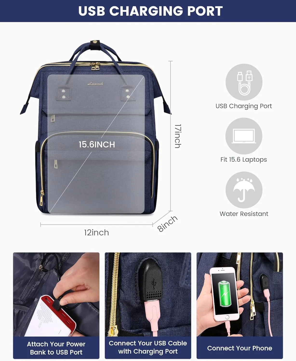 LOVEVOOK Laptop Backpack for Women, 15.6 Inch Travel Backpack with Laptop Compartment, Water Resistant Work Backpack for Teacher Nurse Doctor, Anti-theft Computer Bag with Charger, Navy Blue