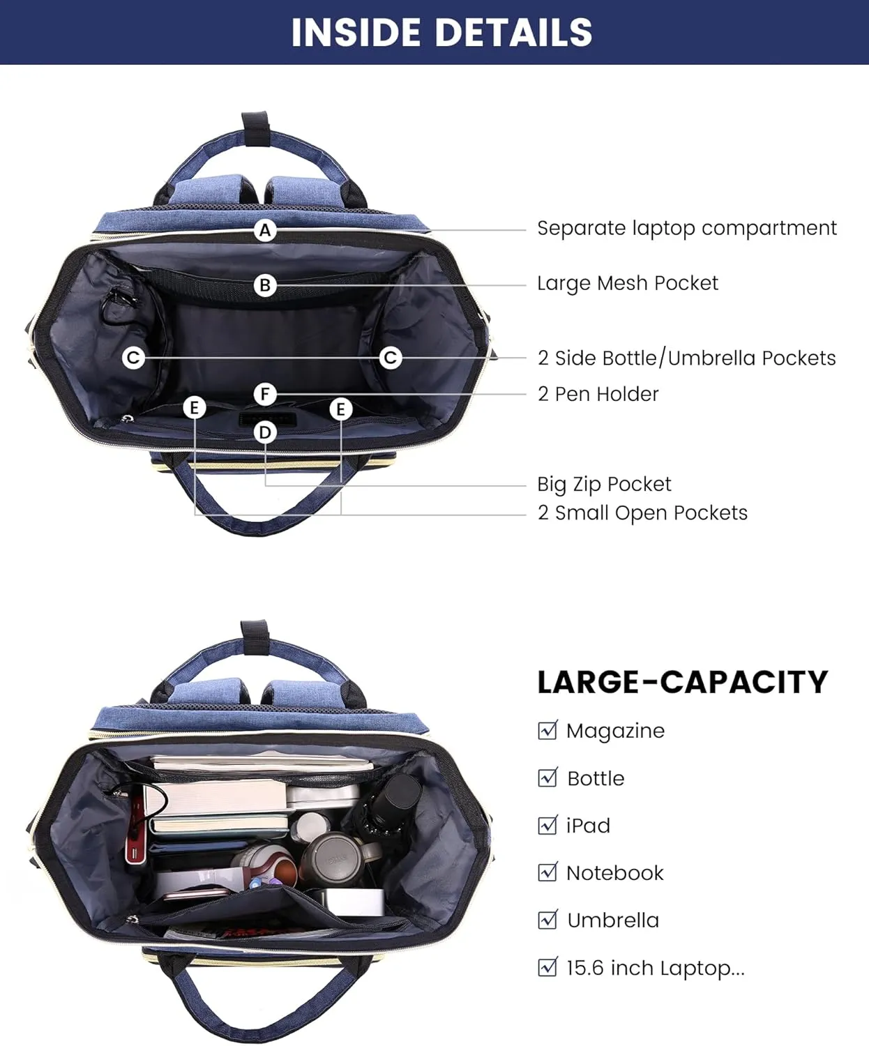 LOVEVOOK Laptop Backpack for Women, 15.6 Inch Travel Backpack with Laptop Compartment, Water Resistant Work Backpack for Teacher Nurse Doctor, Anti-theft Computer Bag with Charger, Navy Blue