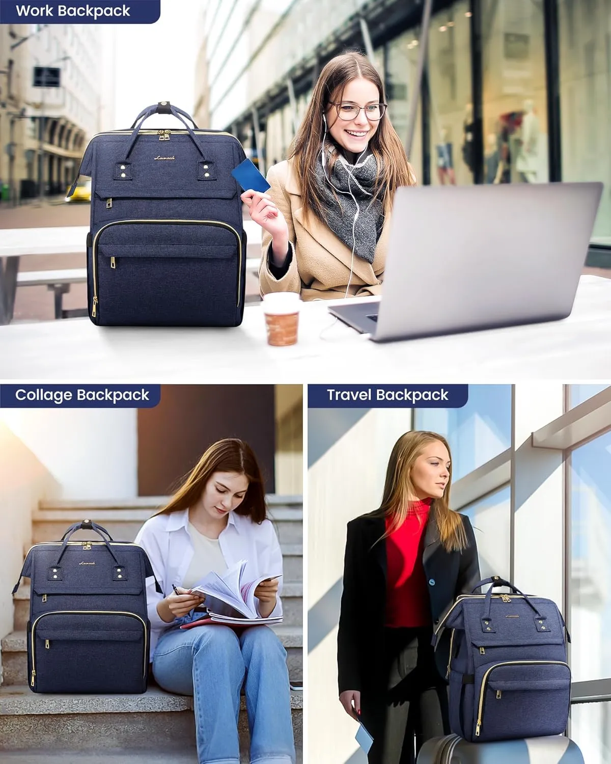 LOVEVOOK Laptop Backpack for Women, 15.6 Inch Travel Backpack with Laptop Compartment, Water Resistant Work Backpack for Teacher Nurse Doctor, Anti-theft Computer Bag with Charger, Navy Blue