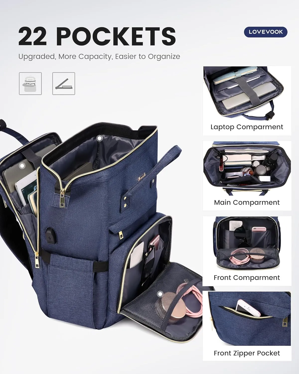 LOVEVOOK Laptop Backpack for Women, 15.6 Inch Travel Backpack with Laptop Compartment, Water Resistant Work Backpack for Teacher Nurse Doctor, Anti-theft Computer Bag with Charger, Navy Blue
