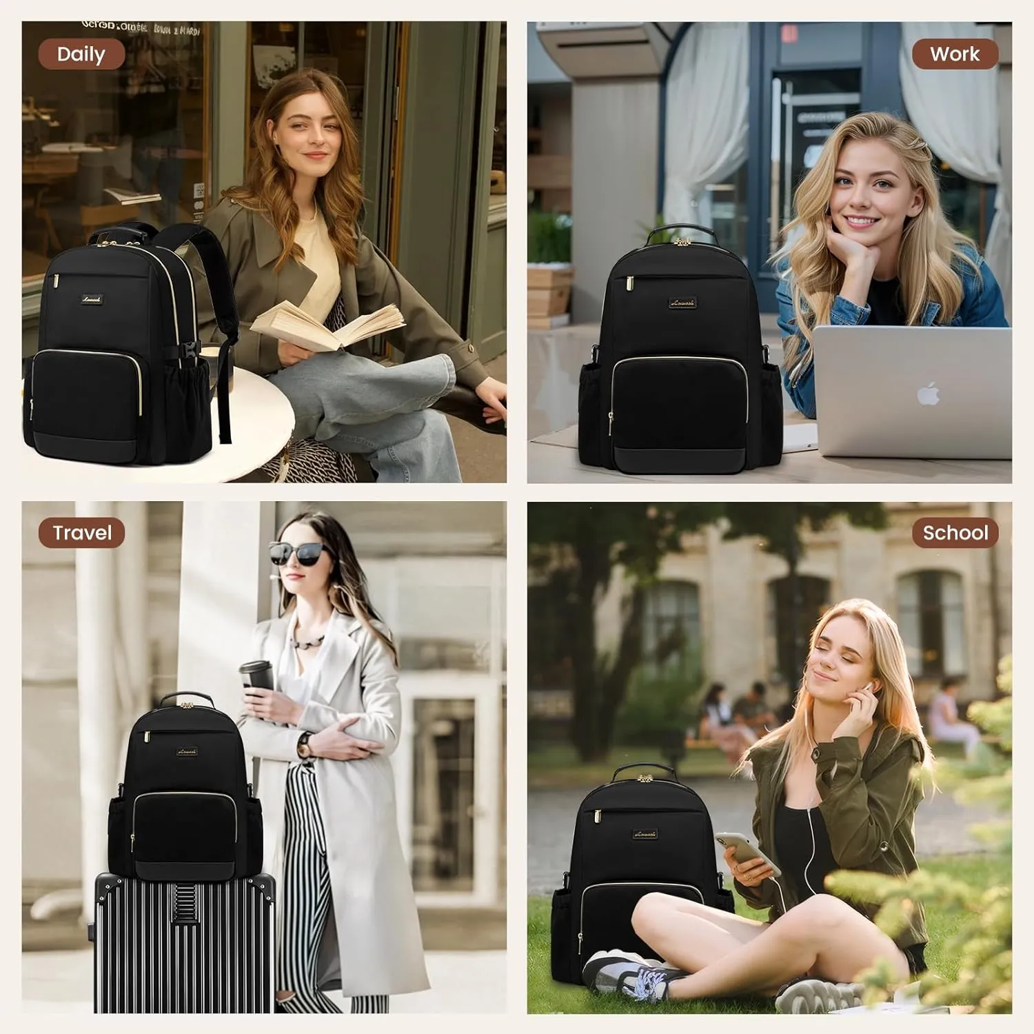 LOVEVOOK Laptop Backpack for Women with Pouch Pocket for Large Capacity Cup,18 Inch Laptop Computer Bag Travel Backpack Purse,Waterproof Work Business Backpack College Teacher Bags,Black