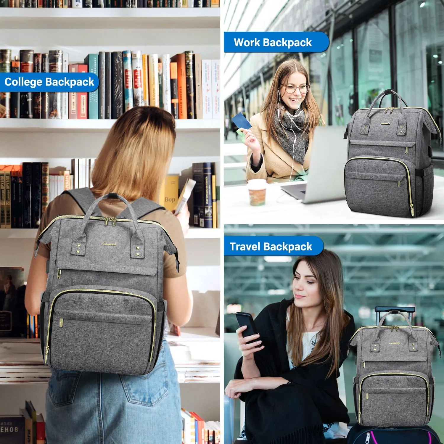 LOVEVOOK Laptop Backpack Women, 15.6 Inch Work Backpack Woman for Teacher Nurse Bags, Computer College Backpack Purse, Waterproof Anti-theft Travel Back Pack with USB Charging Port, Grey