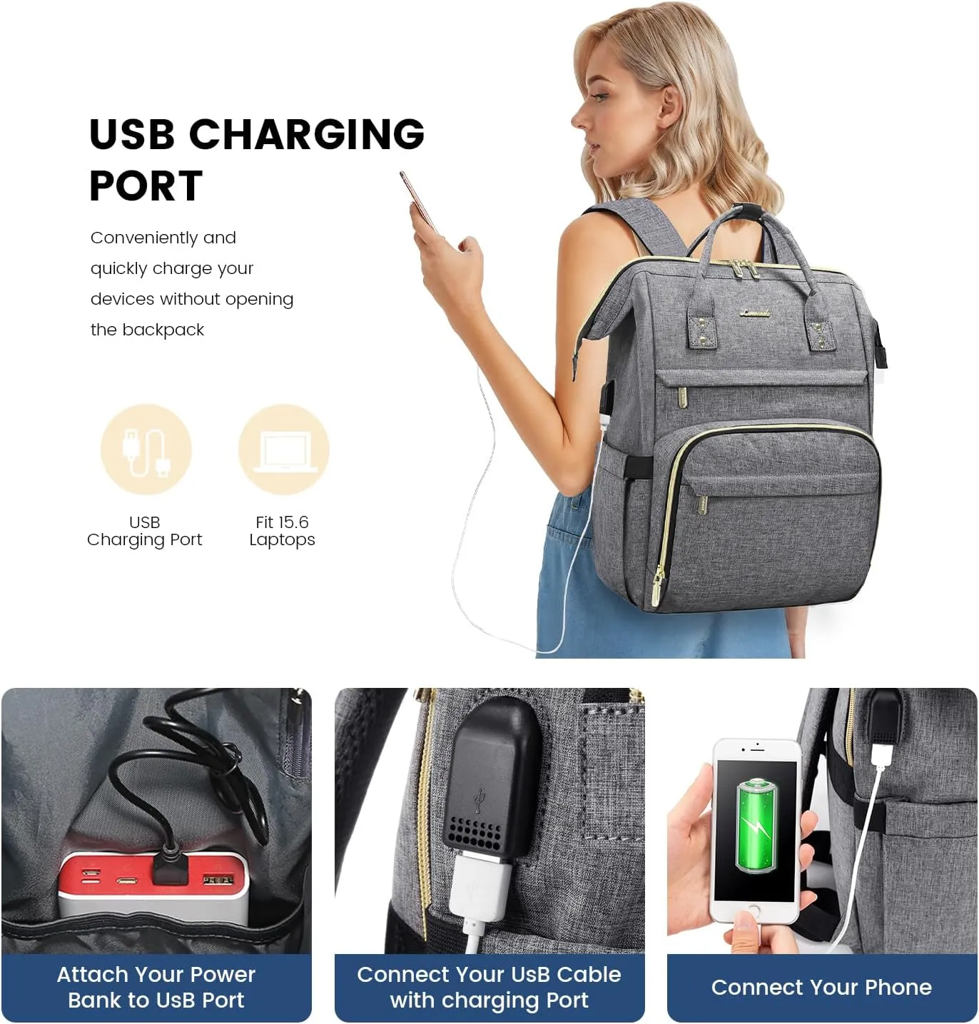 LOVEVOOK Laptop Backpack Women, 15.6 Inch Work Backpack Woman for Teacher Nurse Bags, Computer College Backpack Purse, Waterproof Anti-theft Travel Back Pack with USB Charging Port, Grey
