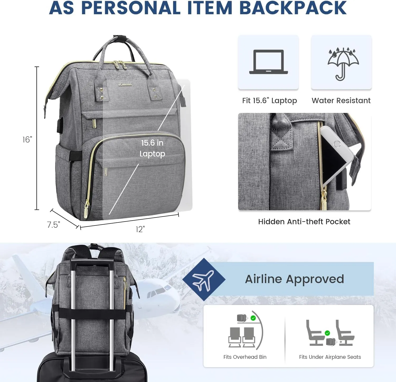 LOVEVOOK Laptop Backpack Women, 15.6 Inch Work Backpack Woman for Teacher Nurse Bags, Computer College Backpack Purse, Waterproof Anti-theft Travel Back Pack with USB Charging Port, Grey