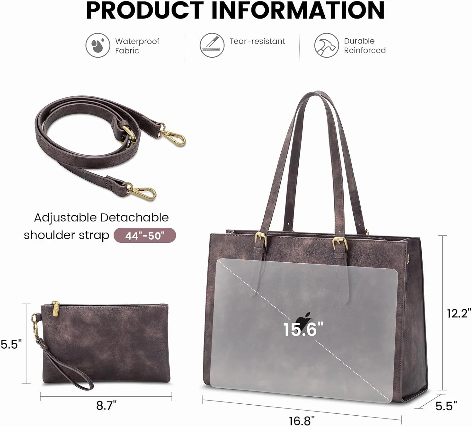LOVEVOOK Laptop Bag for Women, 15.6 Inch Large Leather Computer Tote Bag with Cluth Purse for Business/Work/Travel/Office/Casual,Waterproof Shoulder Handbag Briefcase, Brownish Gray