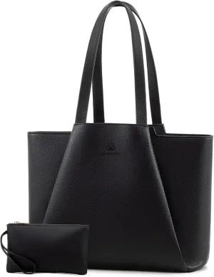 LOVEVOOK Laptop Tote for Women - 15.6 Inch Leather Laptop Bag with Clutch, Large Capacity Office Purse Computer Briefcase for Casual Business Travel, Black