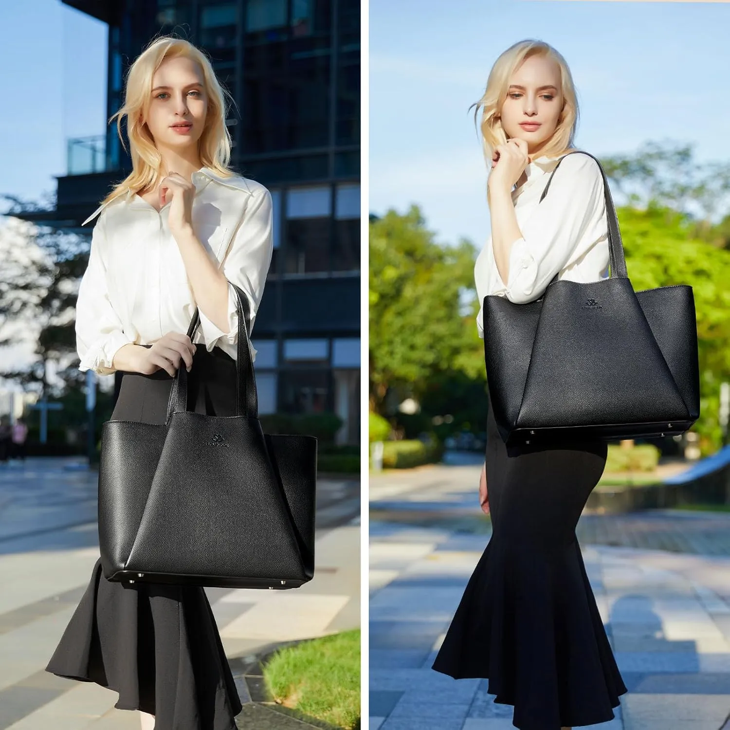 LOVEVOOK Laptop Tote for Women - 15.6 Inch Leather Laptop Bag with Clutch, Large Capacity Office Purse Computer Briefcase for Casual Business Travel, Black