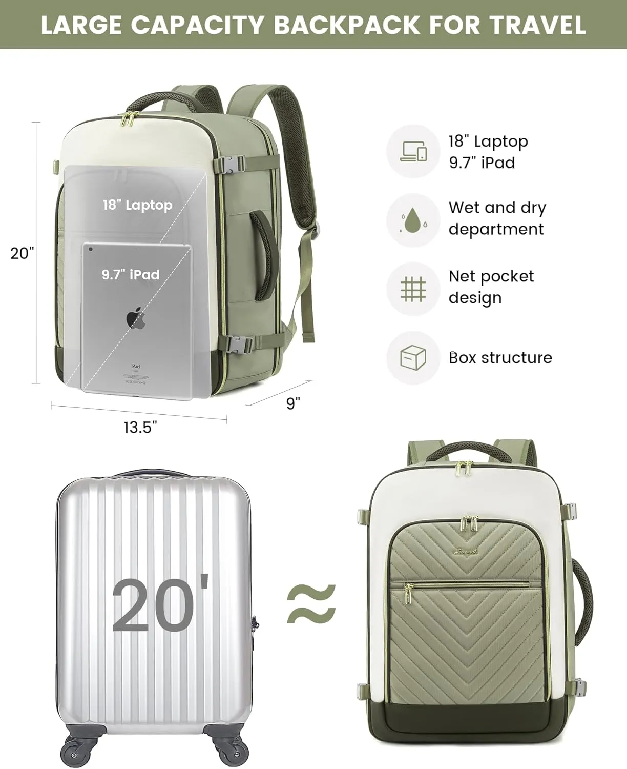 LOVEVOOK Large Travel Backpack for Women, 50L Carry on Backpack Airplane Approved, TSA Personal Item Travel Bag for Women fits 18" Laptop, Waterproof Carry on Bags for airplanes with 3 Packing Cubes