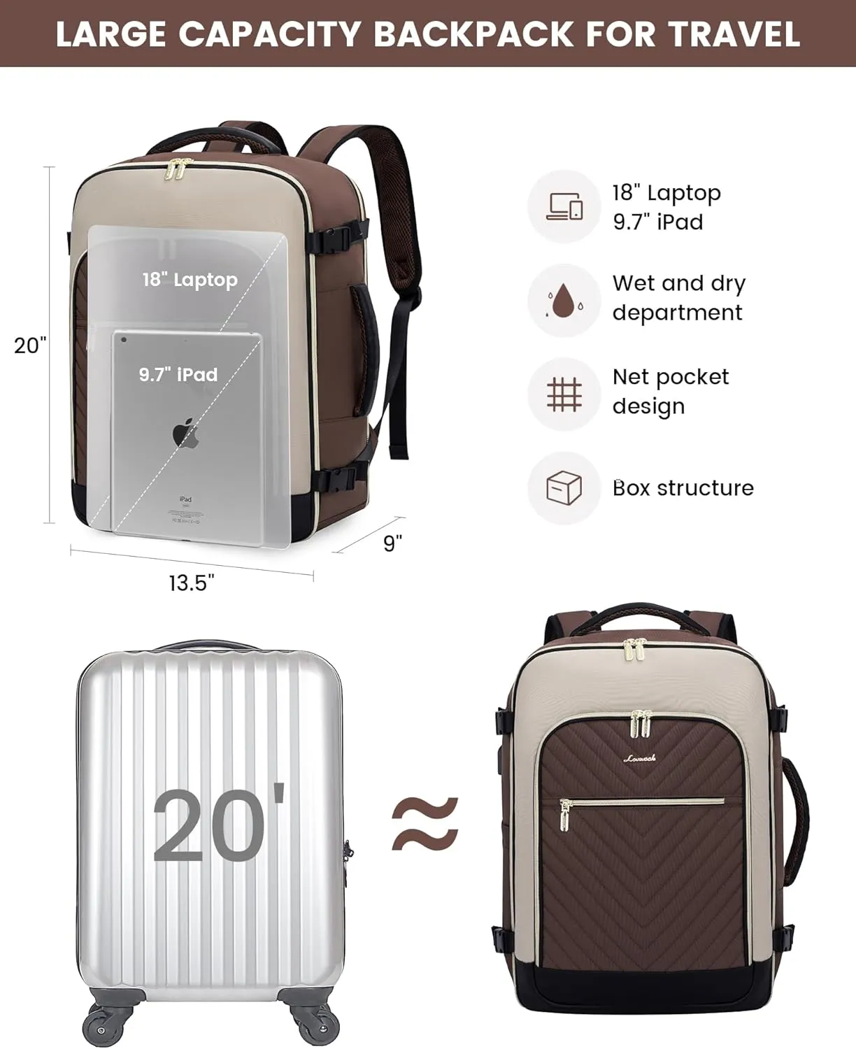 LOVEVOOK Large Travel Backpack for Women, 50L Carry on Backpack Airplane Approved, TSA Personal Item Travel Bag for Women fits 18" Laptop, Waterproof Carry on Bags for airplanes with 3 Packing Cubes