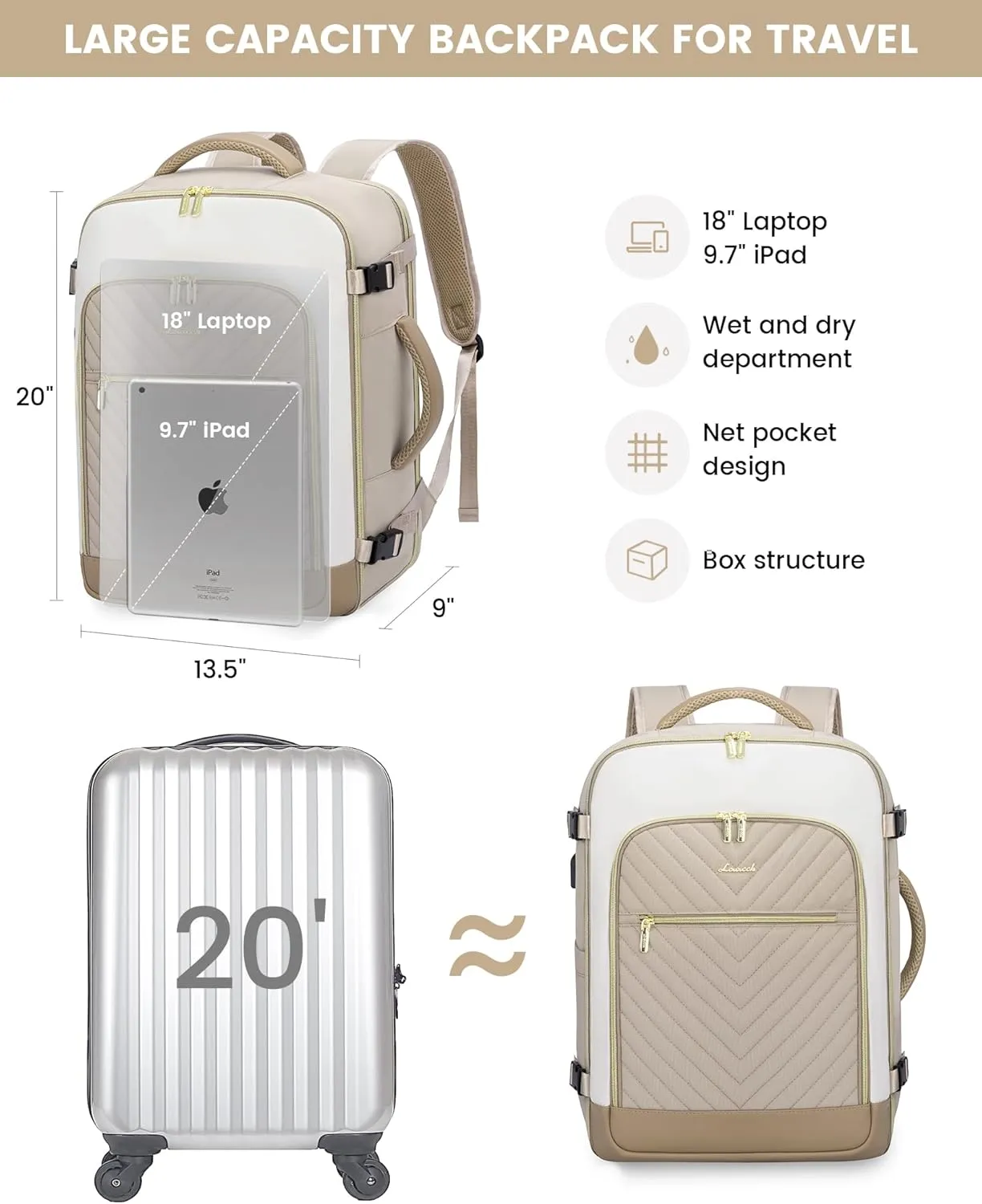 LOVEVOOK Large Travel Backpack for Women, 50L Carry on Backpack Airplane Approved, TSA Personal Item Travel Bag for Women fits 18" Laptop, Waterproof Carry on Bags for airplanes with 3 Packing Cubes