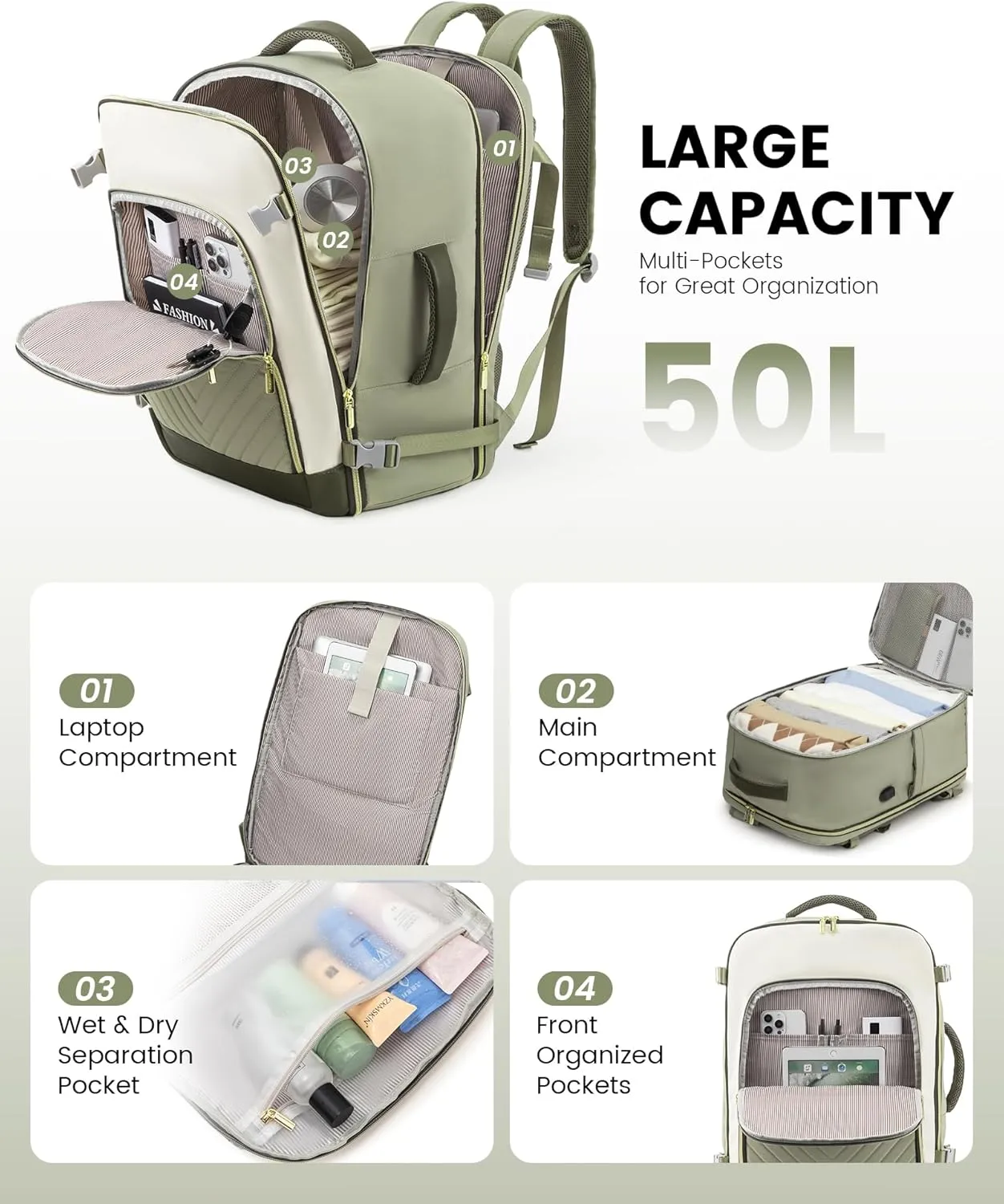 LOVEVOOK Large Travel Backpack for Women, 50L Carry on Backpack Airplane Approved, TSA Personal Item Travel Bag for Women fits 18" Laptop, Waterproof Carry on Bags for airplanes with 3 Packing Cubes