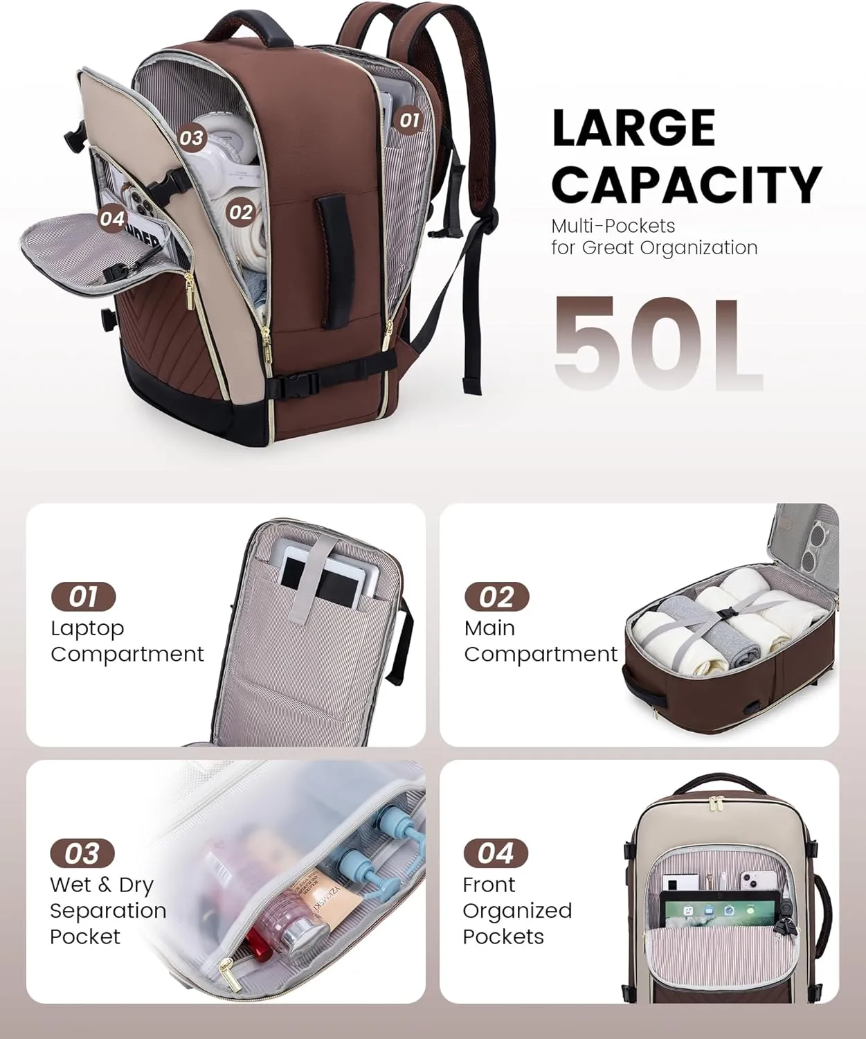 LOVEVOOK Large Travel Backpack for Women, 50L Carry on Backpack Airplane Approved, TSA Personal Item Travel Bag for Women fits 18" Laptop, Waterproof Carry on Bags for airplanes with 3 Packing Cubes