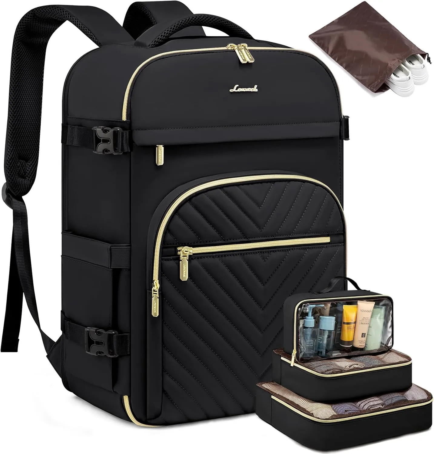 LOVEVOOK Large Travel Backpack for Women, 50L Carry on Backpack for Airplanes, TSA Personal Item Travel Bag for Women fits 18" Laptop, Waterproof Carry on Bags with 4 Packing Cubes, Black