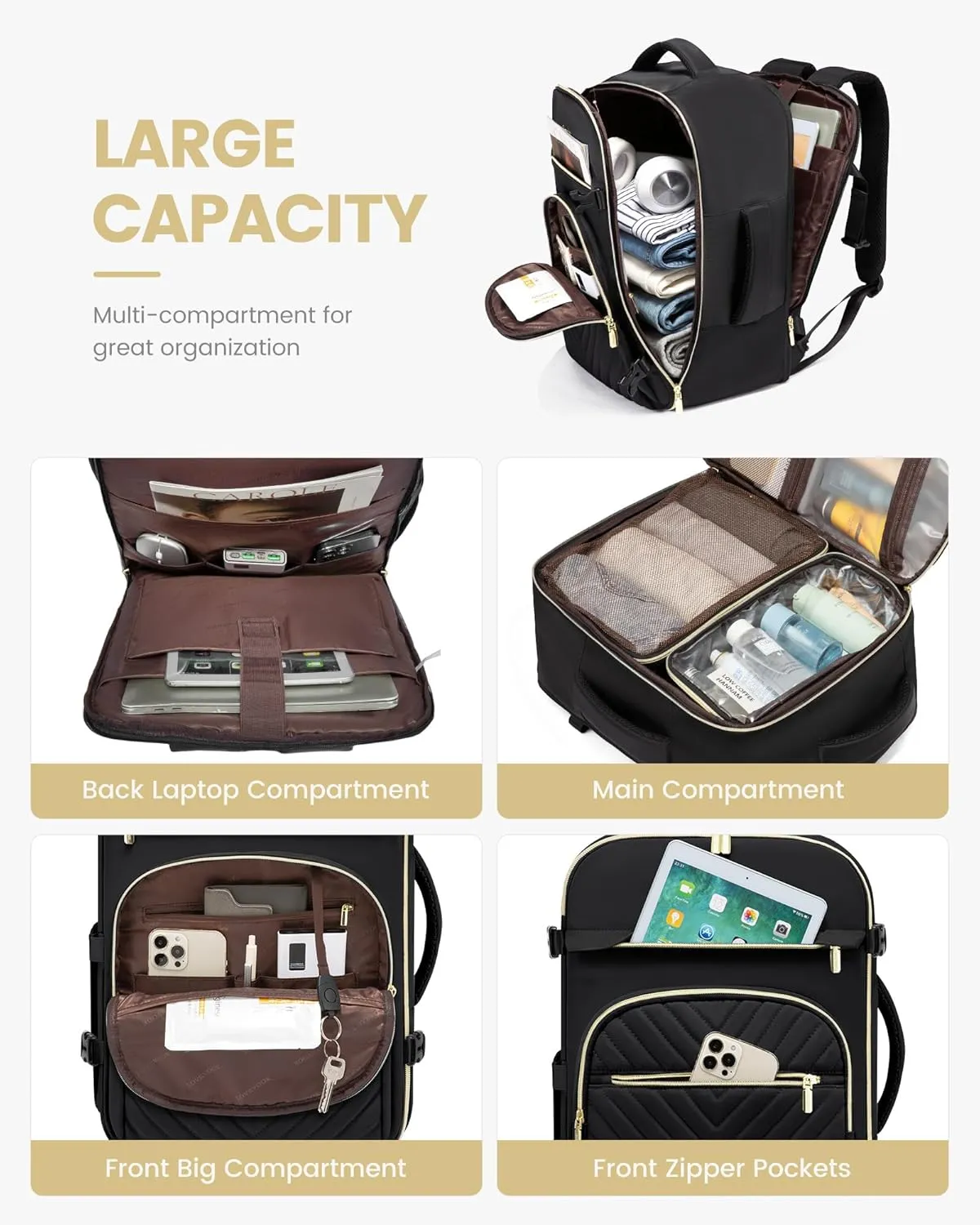 LOVEVOOK Large Travel Backpack for Women, 50L Carry on Backpack for Airplanes, TSA Personal Item Travel Bag for Women fits 18" Laptop, Waterproof Carry on Bags with 4 Packing Cubes, Black