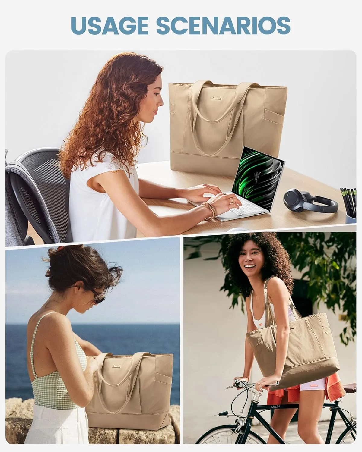 LOVEVOOK Tote Bag for Women Work Travel, Lightweight Laptop Bag Teacher Tote Purse, Khaki