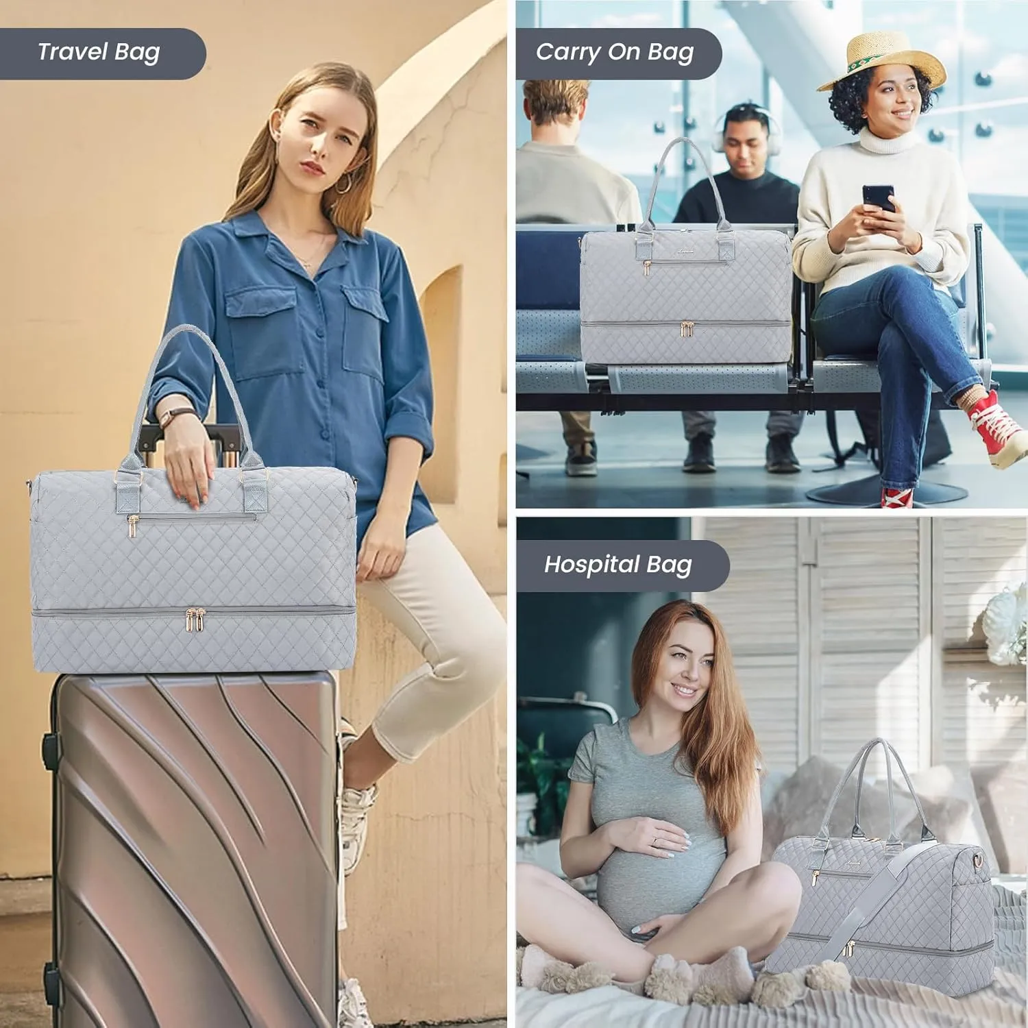 LOVEVOOK Travel Duffle Bag for Women, Weekender Overnight Bag with Shoe Compartment, Carry on Bag with Toiletry Bag, Gym Duffel Bag with Wet Pocket, Hospital Bags for Labor and Delivery 3 Pcs Set