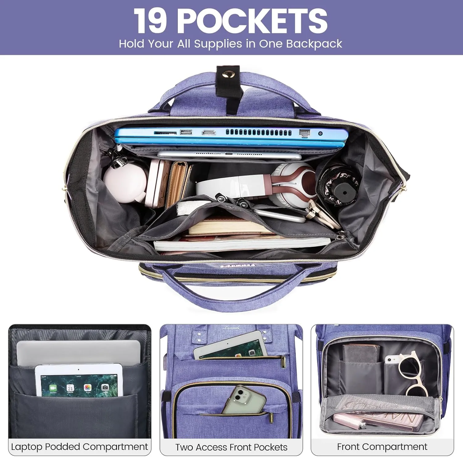 LOVEVOOK Women's 15.6 Inch Professional Travel Backpack, Waterproof College Work Bag with USB Port, Blue-Violet