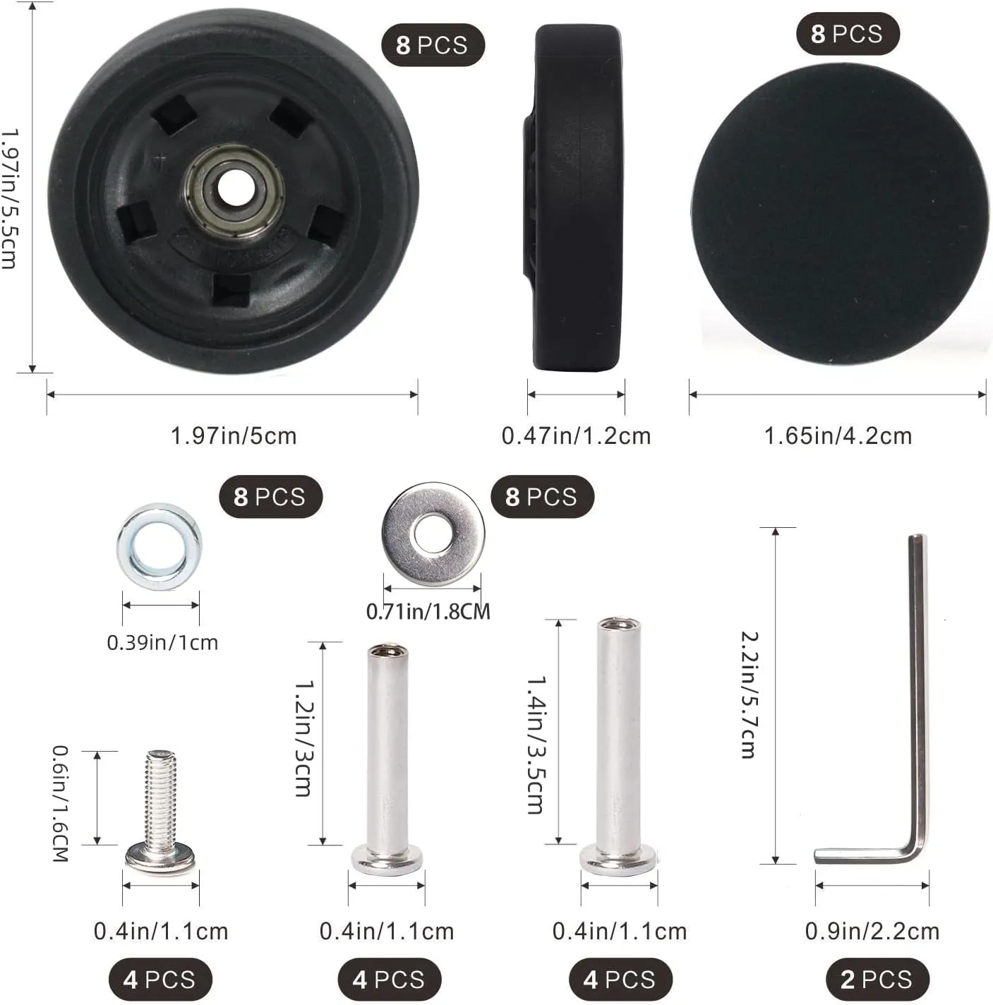 Luggage Wheels Replacement Kit 50mm x 12mm, Suitcase Replacement Wheels with Black Screws Axles Bearings, Repair Suitcase Caster Set for Trolley Bag Travel (8PCS)
