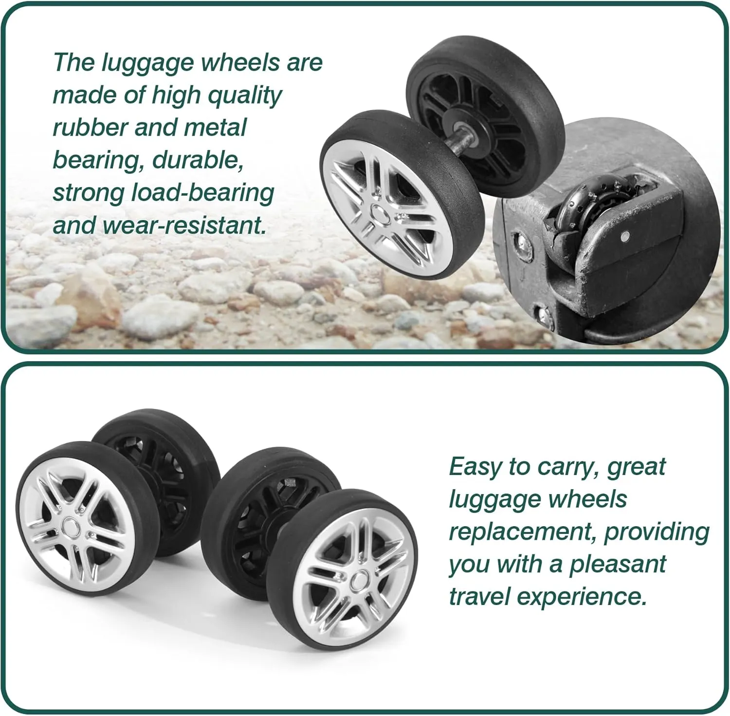 Luggage Wheels Replacement OD 50mm, 8 Pcs Suitcase Replacement Double-Row Wheels, Wear Resistant Rubber Repair Swivel Casters for Travel, Silver