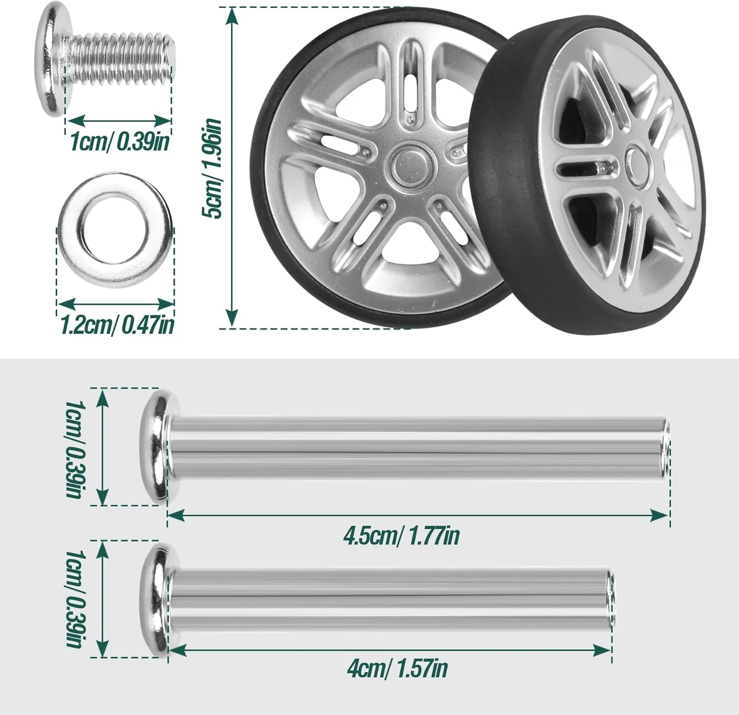 Luggage Wheels Replacement OD 50mm, 8 Pcs Suitcase Replacement Double-Row Wheels, Wear Resistant Rubber Repair Swivel Casters for Travel, Silver