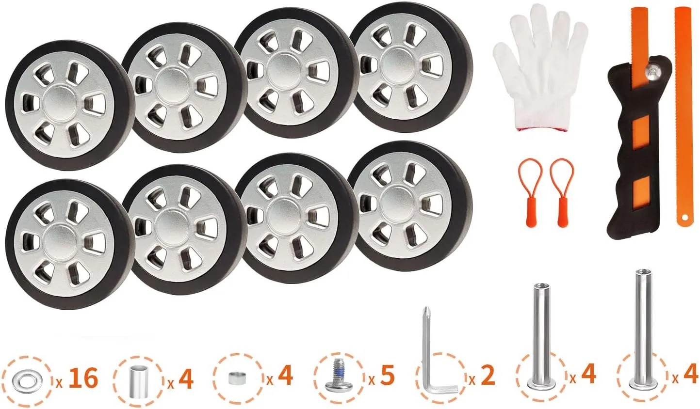 Luggage Wheels Replacement Set 8PCS Dia 2.2inch TPU Rubber Wheel Thick 12mm Smooth Silent Roller Fit 6mm&8mm Shaft Slot Full Set Repair Tool for 20-24in Suitcase Trolley Bag Drawbar Travel Box
