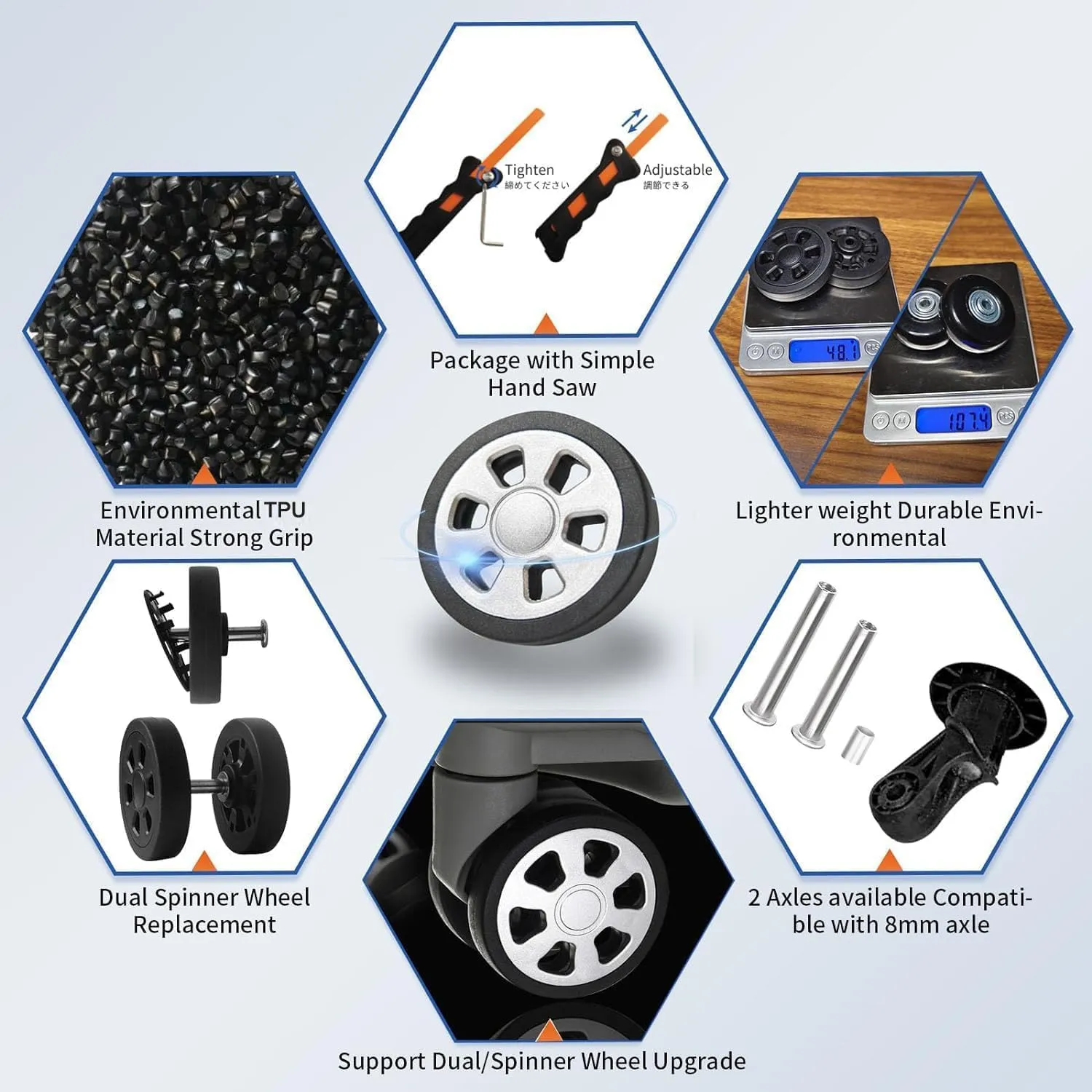 Luggage Wheels Replacement Set 8PCS Dia 2.2inch TPU Rubber Wheel Thick 12mm Smooth Silent Roller Fit 6mm&8mm Shaft Slot Full Set Repair Tool for 20-24in Suitcase Trolley Bag Drawbar Travel Box