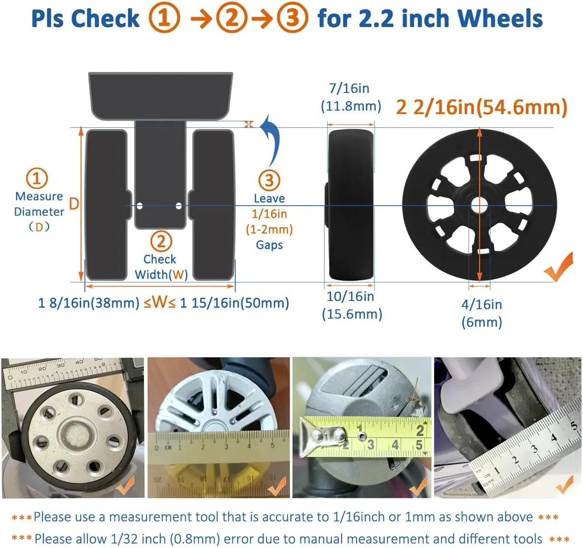 Luggage Wheels Replacement Set 8PCS Dia 2.2inch TPU Rubber Wheel Thick 12mm Smooth Silent Roller Fit 6mm&8mm Shaft Slot Full Set Repair Tool for 20-24in Suitcase Trolley Bag Drawbar Travel Box