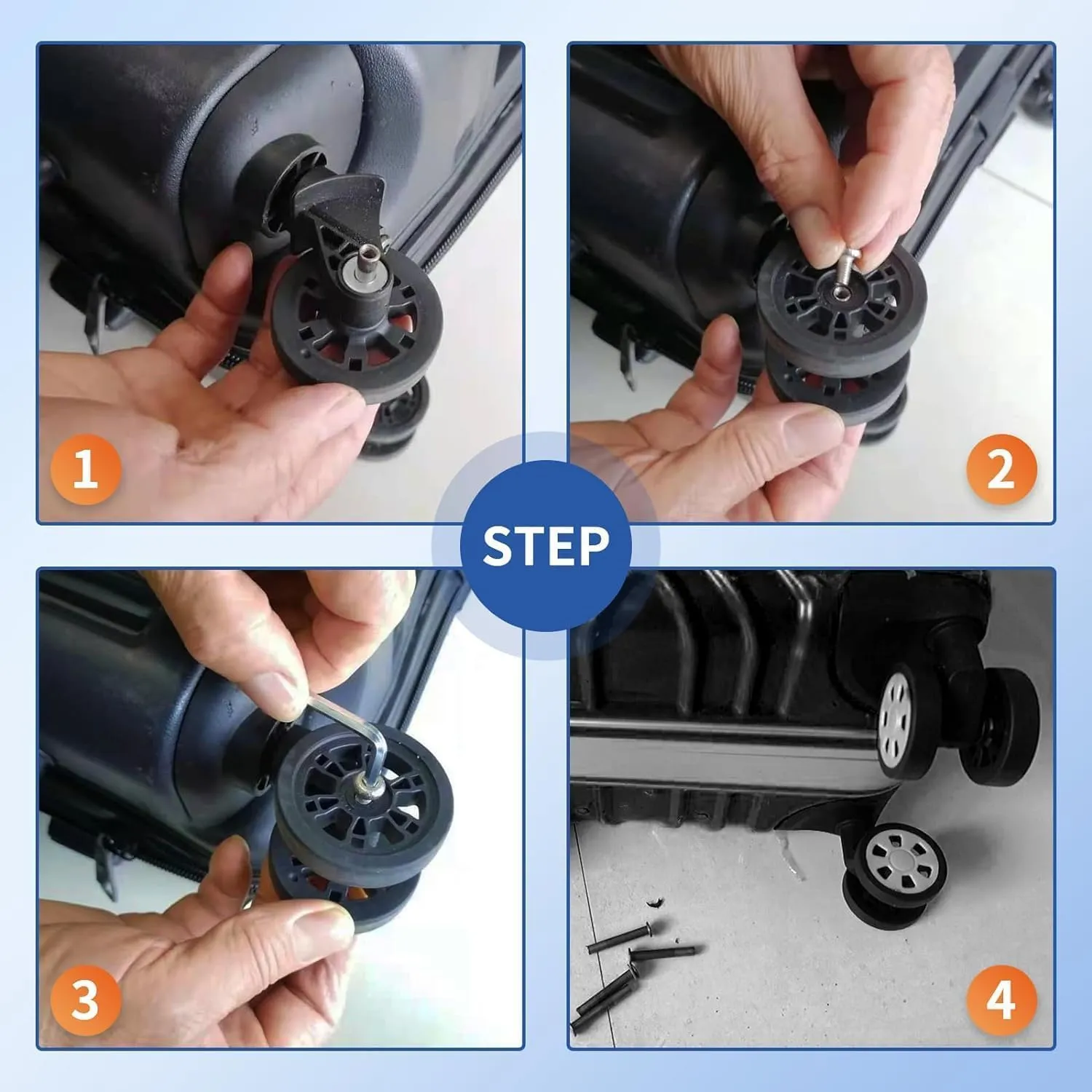 Luggage Wheels Replacement Set 8PCS Dia 2.2inch TPU Rubber Wheel Thick 12mm Smooth Silent Roller Fit 6mm&8mm Shaft Slot Full Set Repair Tool for 20-24in Suitcase Trolley Bag Drawbar Travel Box