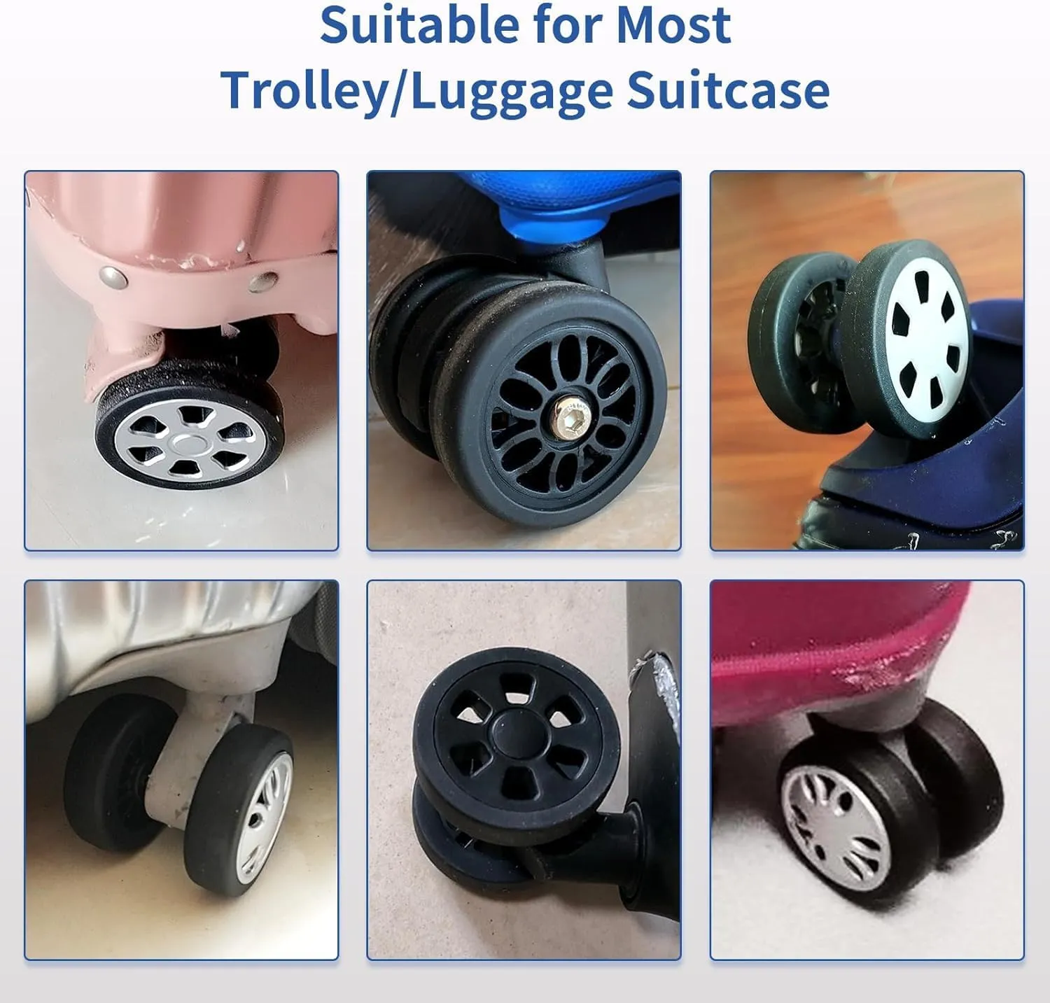 Luggage Wheels Replacement Set 8PCS Dia 2.2inch TPU Rubber Wheel Thick 12mm Smooth Silent Roller Fit 6mm&8mm Shaft Slot Full Set Repair Tool for 20-24in Suitcase Trolley Bag Drawbar Travel Box