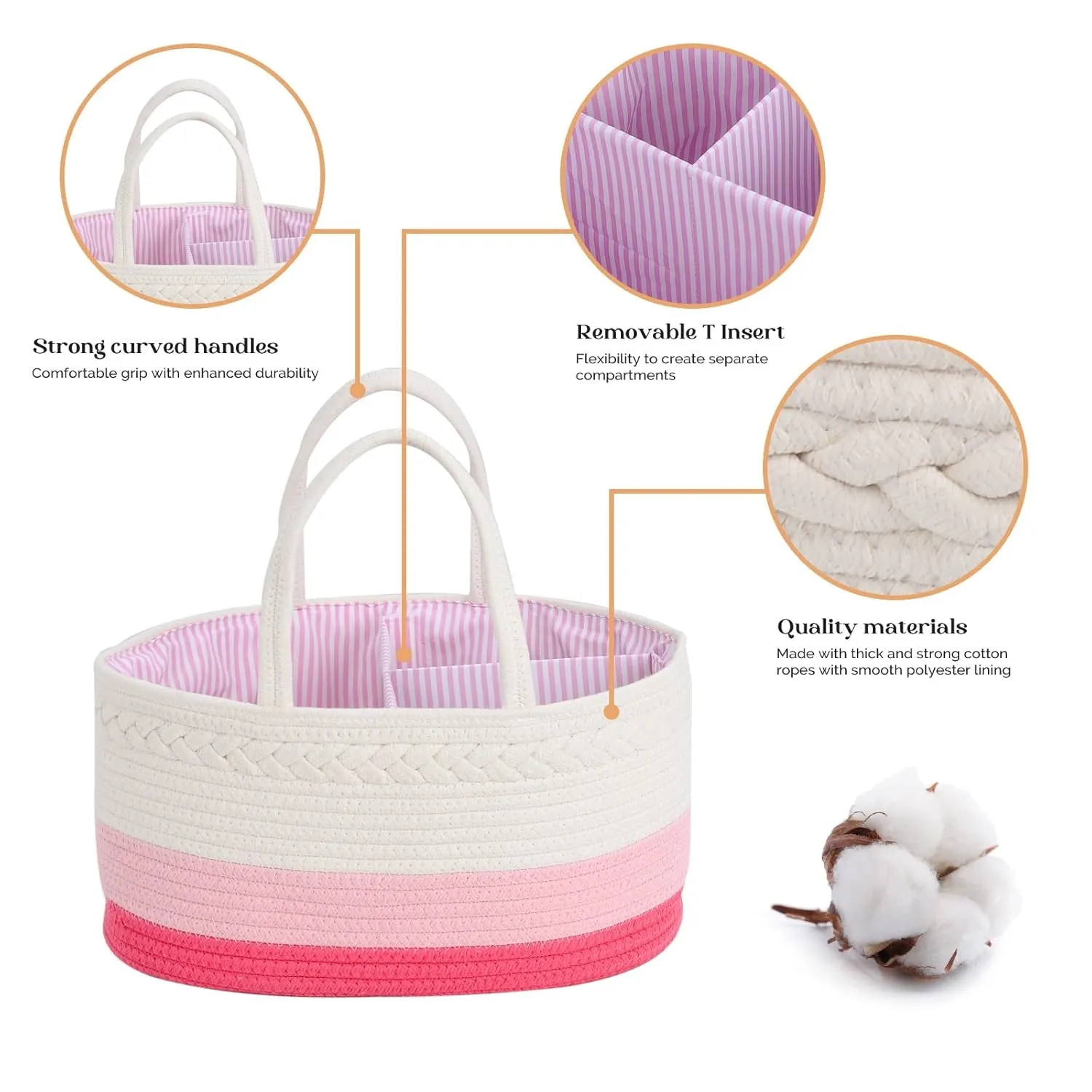 luxury little Diaper Caddy Organizer, Large Cotton Rope Nursery Basket, Changing Table Organizer for Baby Diaper Storage, Portable Car Organizer with Removable Divider, Baby Shower Gifts - Pink