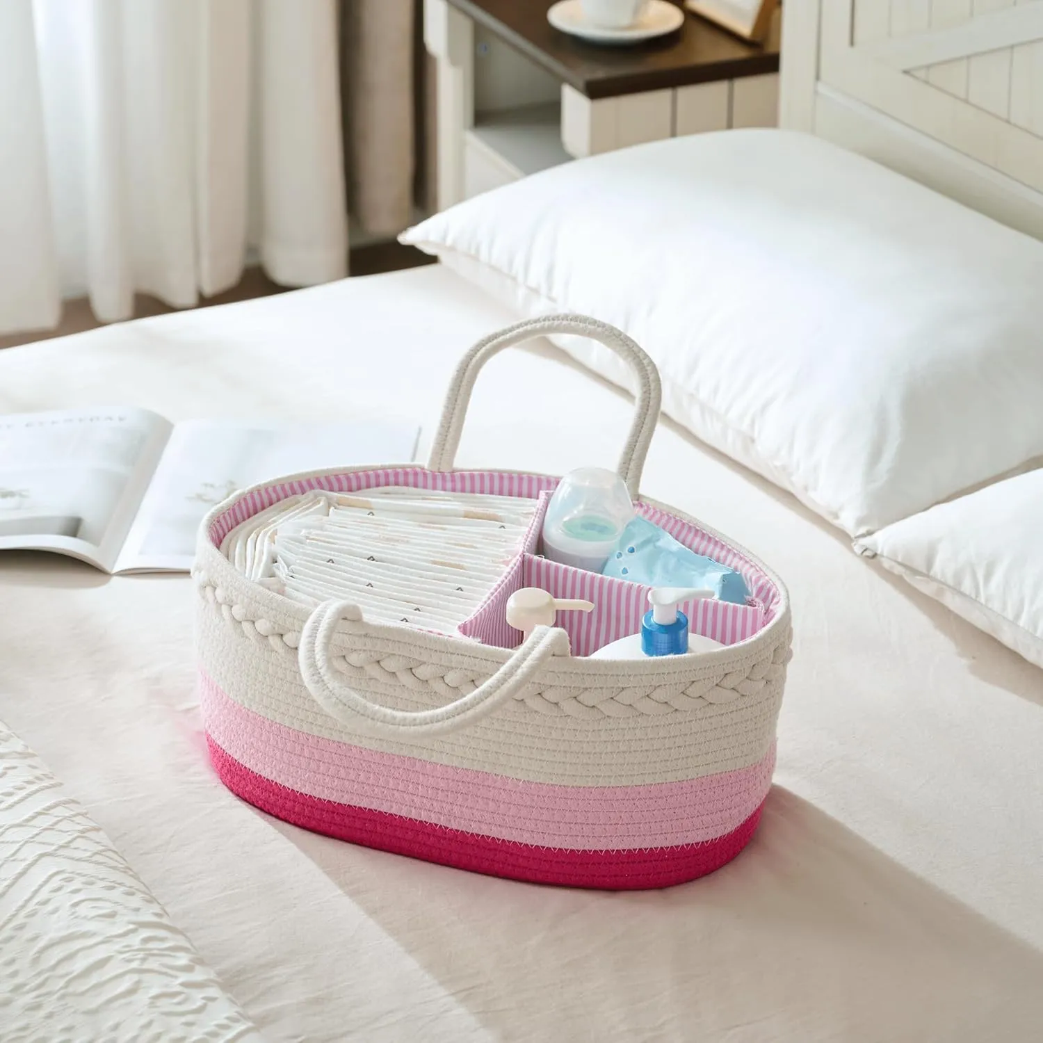 luxury little Diaper Caddy Organizer, Large Cotton Rope Nursery Basket, Changing Table Organizer for Baby Diaper Storage, Portable Car Organizer with Removable Divider, Baby Shower Gifts - Pink