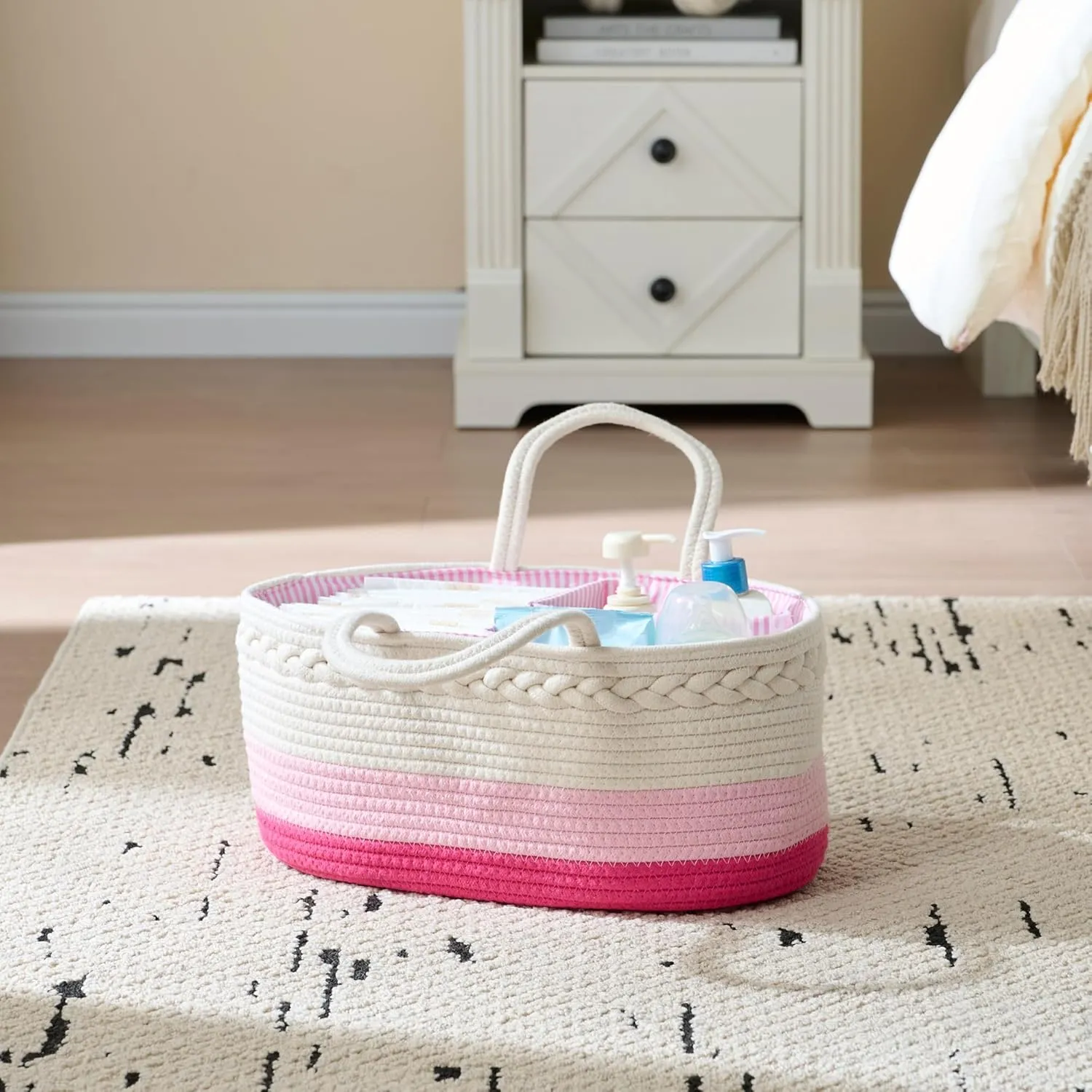luxury little Diaper Caddy Organizer, Large Cotton Rope Nursery Basket, Changing Table Organizer for Baby Diaper Storage, Portable Car Organizer with Removable Divider, Baby Shower Gifts - Pink