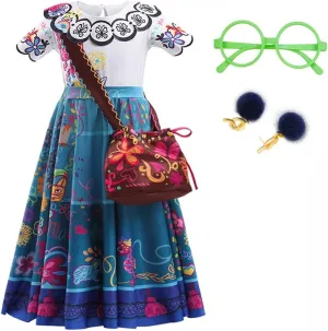 LZH Encanto Mirabel Costume Dress For Girls Cosplay Isabela Madrigal Princess Halloween Dress Up With Glasses Earrings