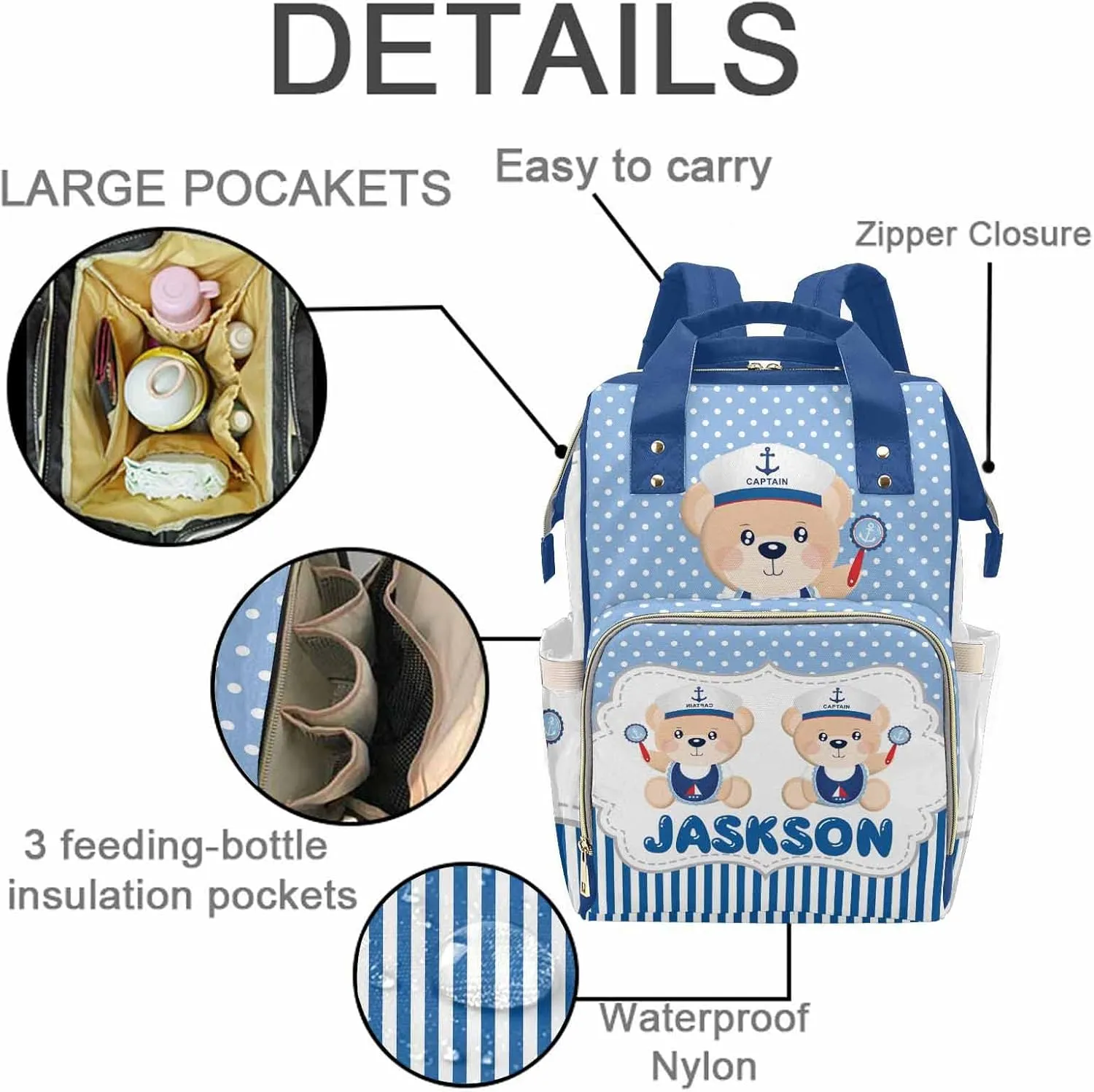 M YESCUSTOM Bag Backpack with Sailor Suit Cartoon Bear Personalized Blue Stripes and Dots Diaper Bag Custom Women Mom Travel Backpack