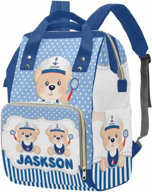 M YESCUSTOM Bag Backpack with Sailor Suit Cartoon Bear Personalized Blue Stripes and Dots Diaper Bag Custom Women Mom Travel Backpack