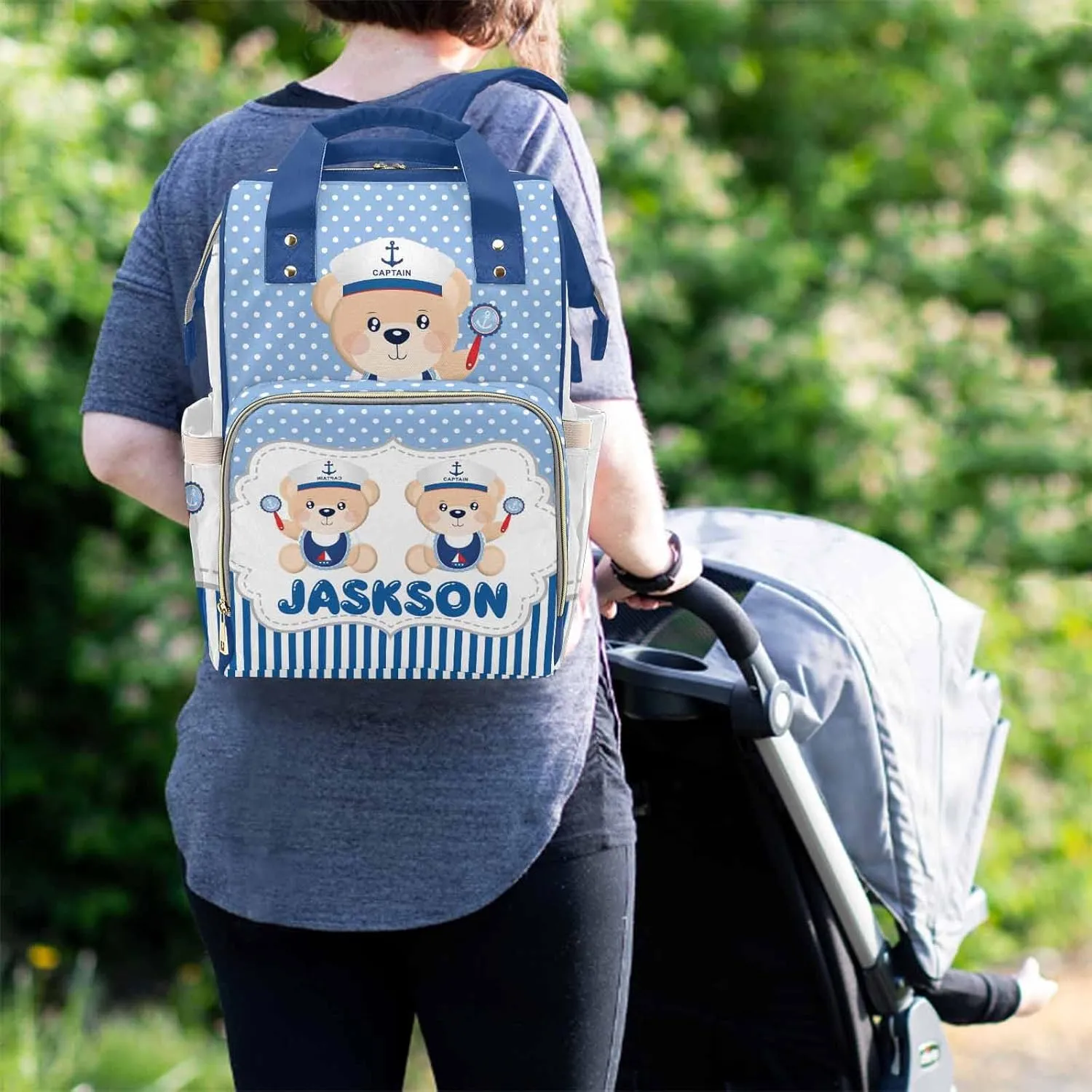 M YESCUSTOM Bag Backpack with Sailor Suit Cartoon Bear Personalized Blue Stripes and Dots Diaper Bag Custom Women Mom Travel Backpack