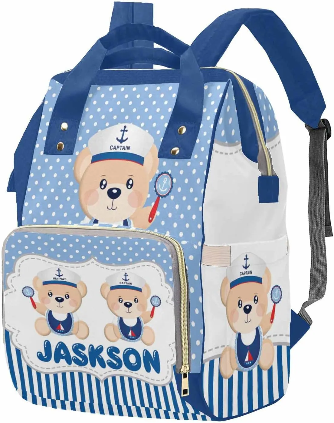 M YESCUSTOM Bag Backpack with Sailor Suit Cartoon Bear Personalized Blue Stripes and Dots Diaper Bag Custom Women Mom Travel Backpack