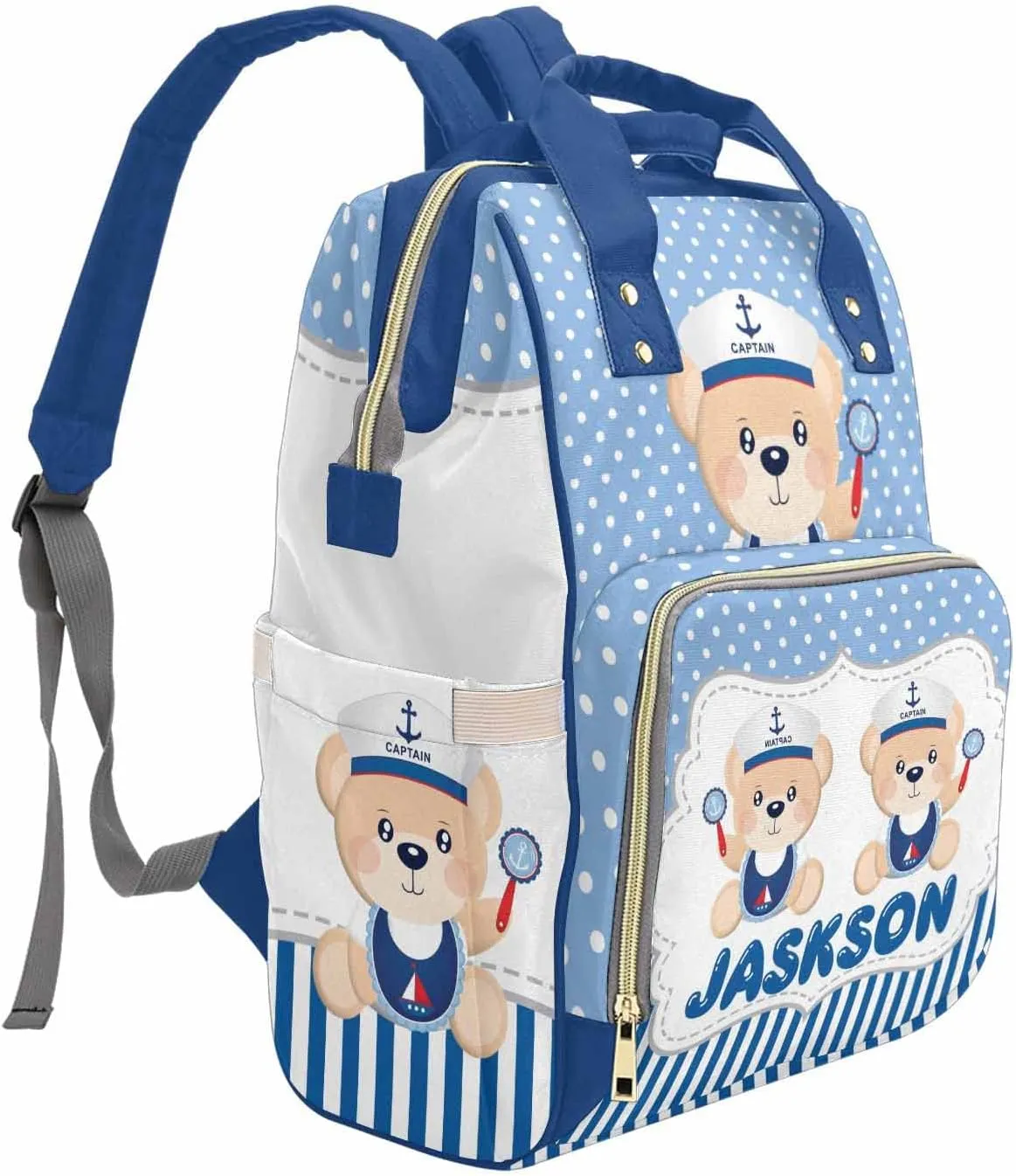 M YESCUSTOM Bag Backpack with Sailor Suit Cartoon Bear Personalized Blue Stripes and Dots Diaper Bag Custom Women Mom Travel Backpack