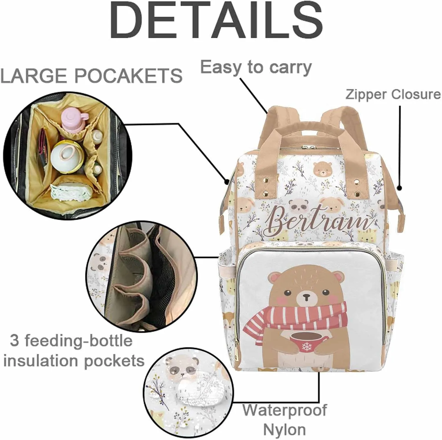 M YESCUSTOM Custom Name Diaper Bag Backpack for Wife Portable Diaper Bags Mothers Day Gifts Personalized Cute Mommy Nursing Daypack for Women Brown Travel Diaper Waterproof Backpack