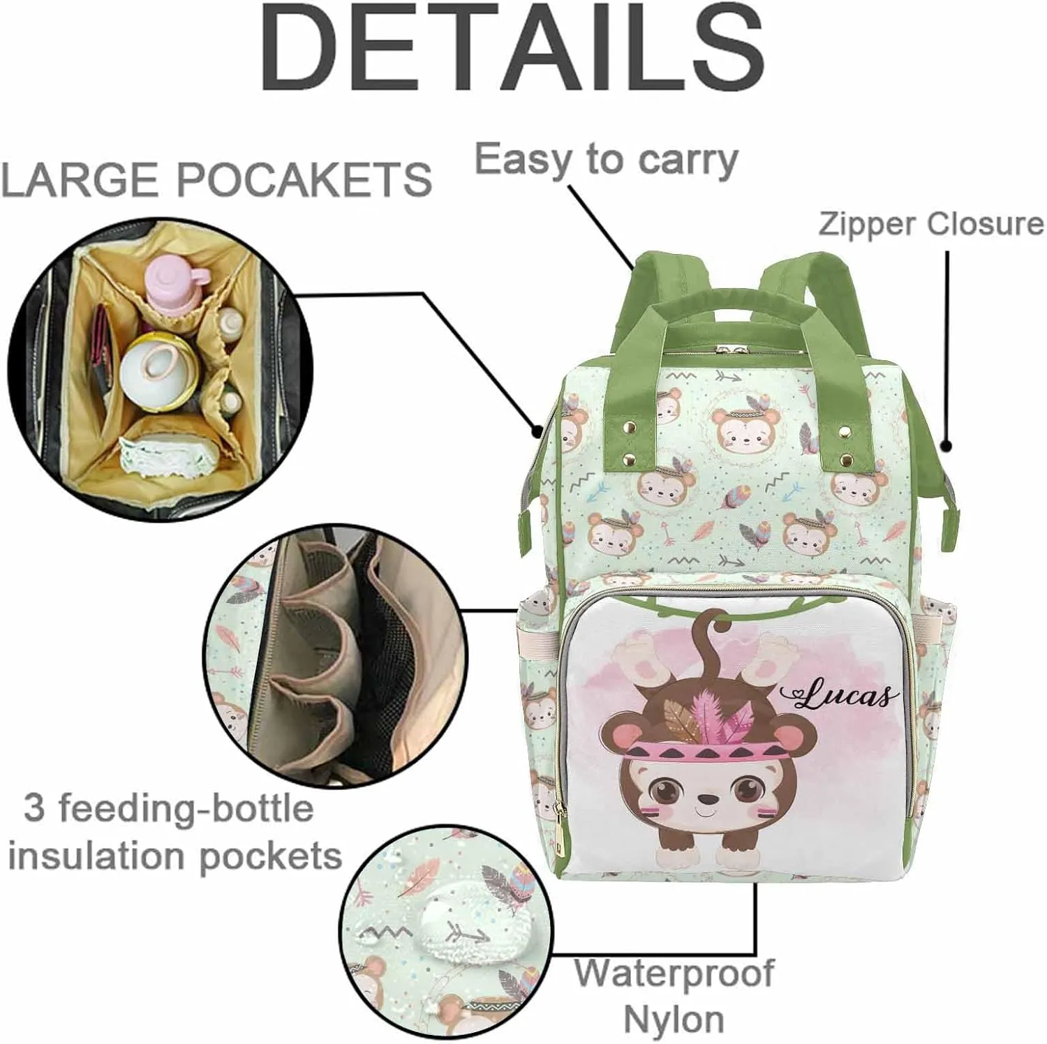 M YESCUSTOM Custom Name Diaper Bag Backpack for Wife Portable Diaper Bags Mothers Day Gifts Personalized Cute Mommy Nursing Daypack for Women Green Travel Diaper Waterproof Backpack