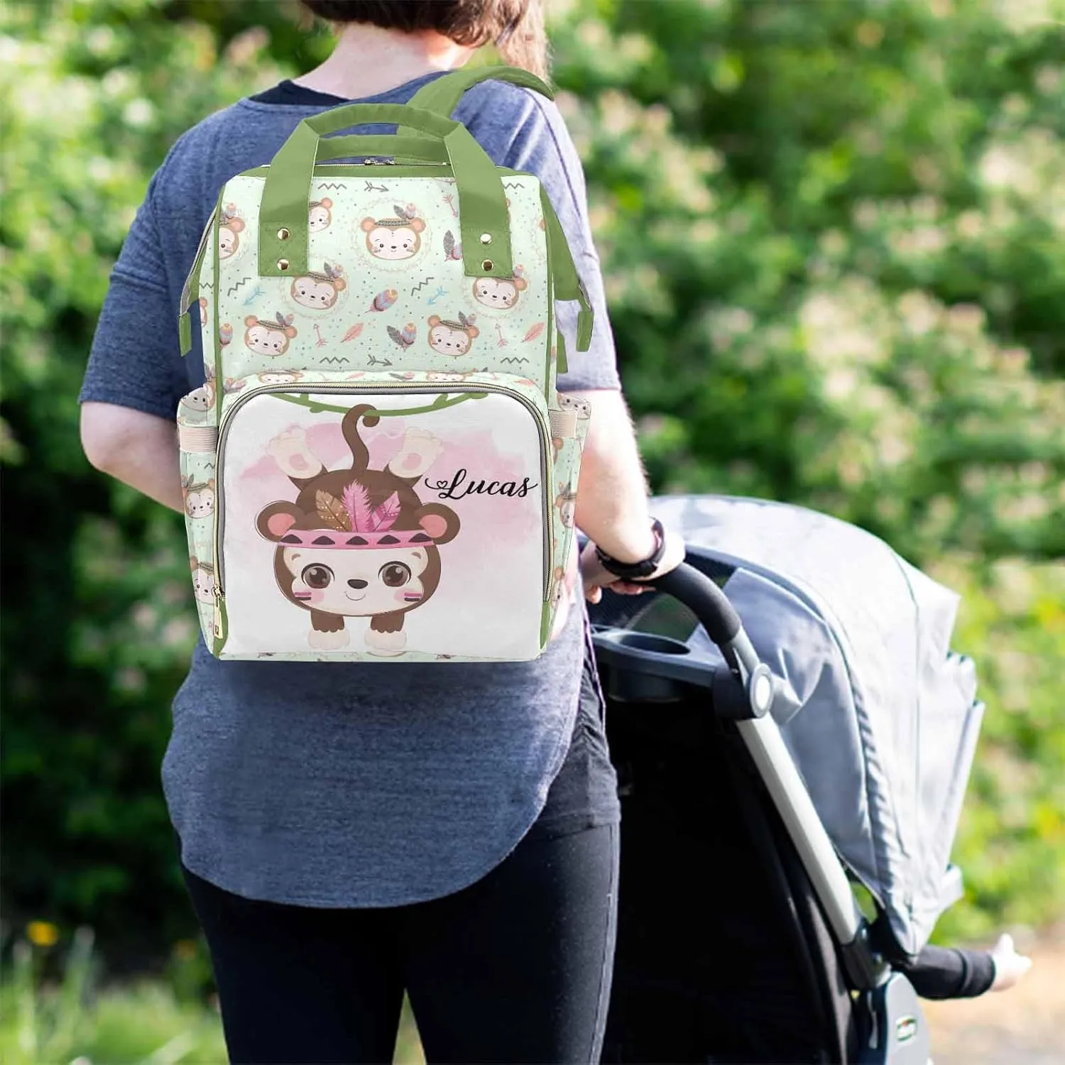 M YESCUSTOM Custom Name Diaper Bag Backpack for Wife Portable Diaper Bags Mothers Day Gifts Personalized Cute Mommy Nursing Daypack for Women Green Travel Diaper Waterproof Backpack