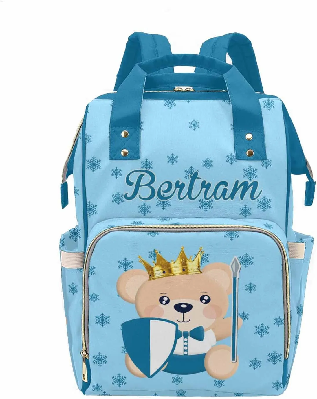 M YESCUSTOM Customized Prince Bear Diaper Bag, Personalized Blue Snowflake Cute Mommy Daypack with Name, Nylon Waterproof Backpack for Travel, Lovely Custom Gift for Women