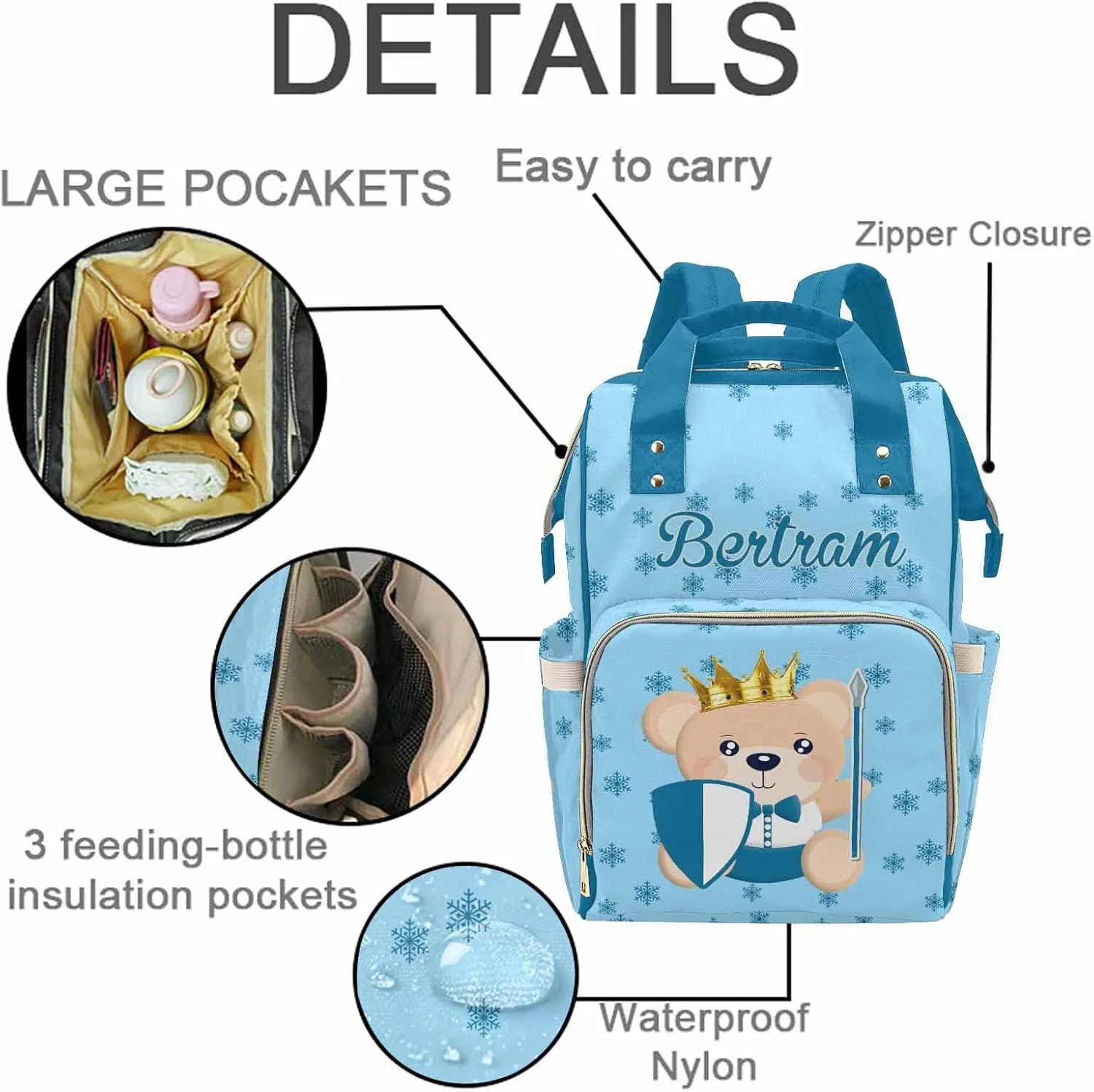 M YESCUSTOM Customized Prince Bear Diaper Bag, Personalized Blue Snowflake Cute Mommy Daypack with Name, Nylon Waterproof Backpack for Travel, Lovely Custom Gift for Women