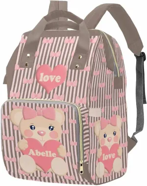 M YESCUSTOM Diaper Bags for Women Custom Name Multi-Function Baby Bag Personalized Pink Cartoon Bear Shoulder Backpack with Vertical Stripes and Bows