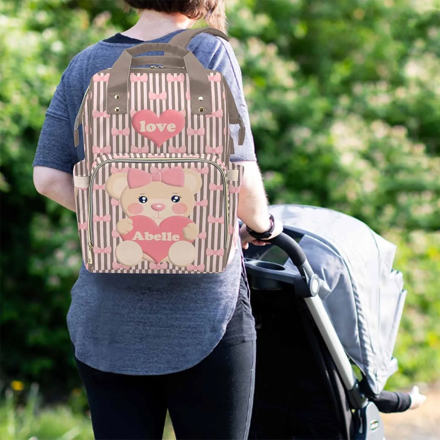 M YESCUSTOM Diaper Bags for Women Custom Name Multi-Function Baby Bag Personalized Pink Cartoon Bear Shoulder Backpack with Vertical Stripes and Bows