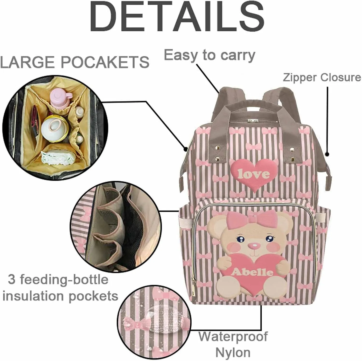 M YESCUSTOM Diaper Bags for Women Custom Name Multi-Function Baby Bag Personalized Pink Cartoon Bear Shoulder Backpack with Vertical Stripes and Bows