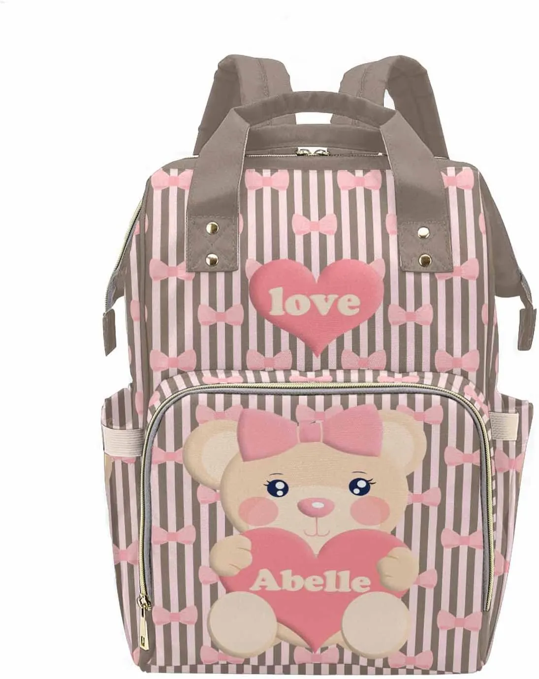 M YESCUSTOM Diaper Bags for Women Custom Name Multi-Function Baby Bag Personalized Pink Cartoon Bear Shoulder Backpack with Vertical Stripes and Bows