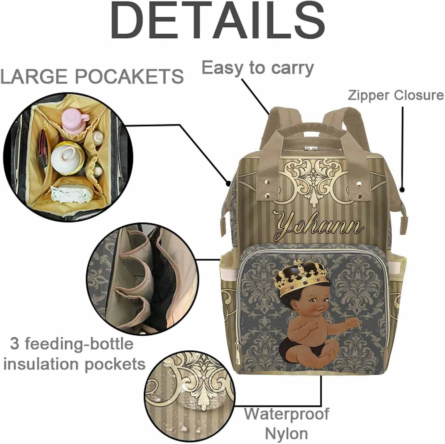 M YESCUSTOM Personalized Baby Diaper Bag - Vintage Custom Golden Crown Prince Backpack With Name, Waterproof, Large Capacity for Nursing and Nappy - Mommy Bag Gift for Mom